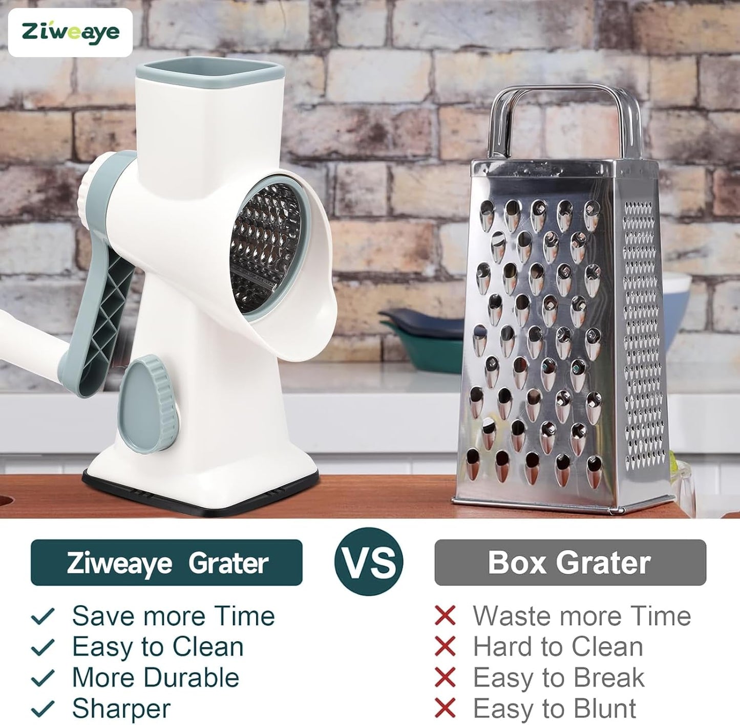 Rotary Cheese Grater Hand Crank Cheese Shredder Vegetable Mandoline Slicer for Kitchen 3 in 1 Changeable Blades for Cheese Potato Nuts Chocolate Ice (WhiteBlue)