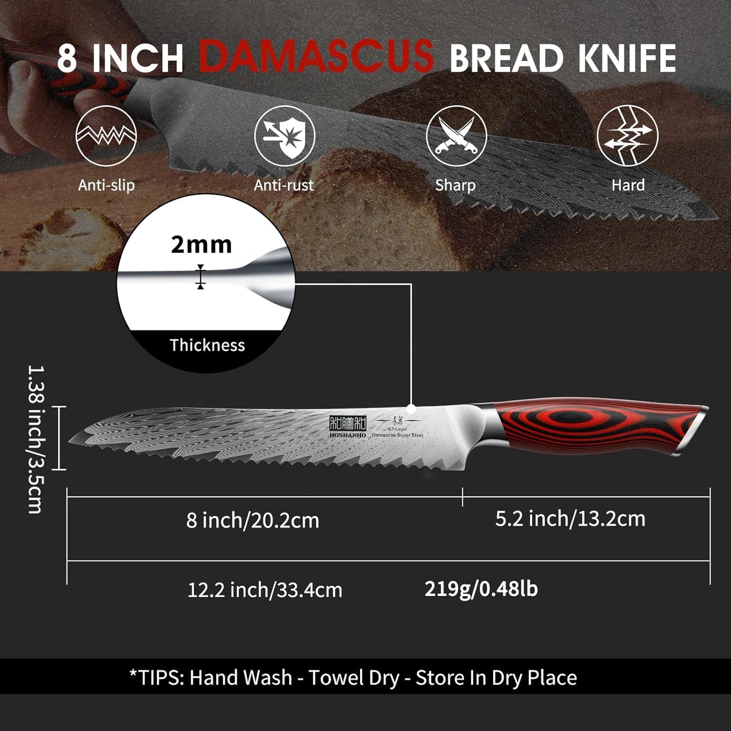 Bread Knife,8 Inch Serrated Bread Knife Ultra Sharp Damascus Steel Bread Kitchen Knife, Professional Bread Knife for Homemade Bread