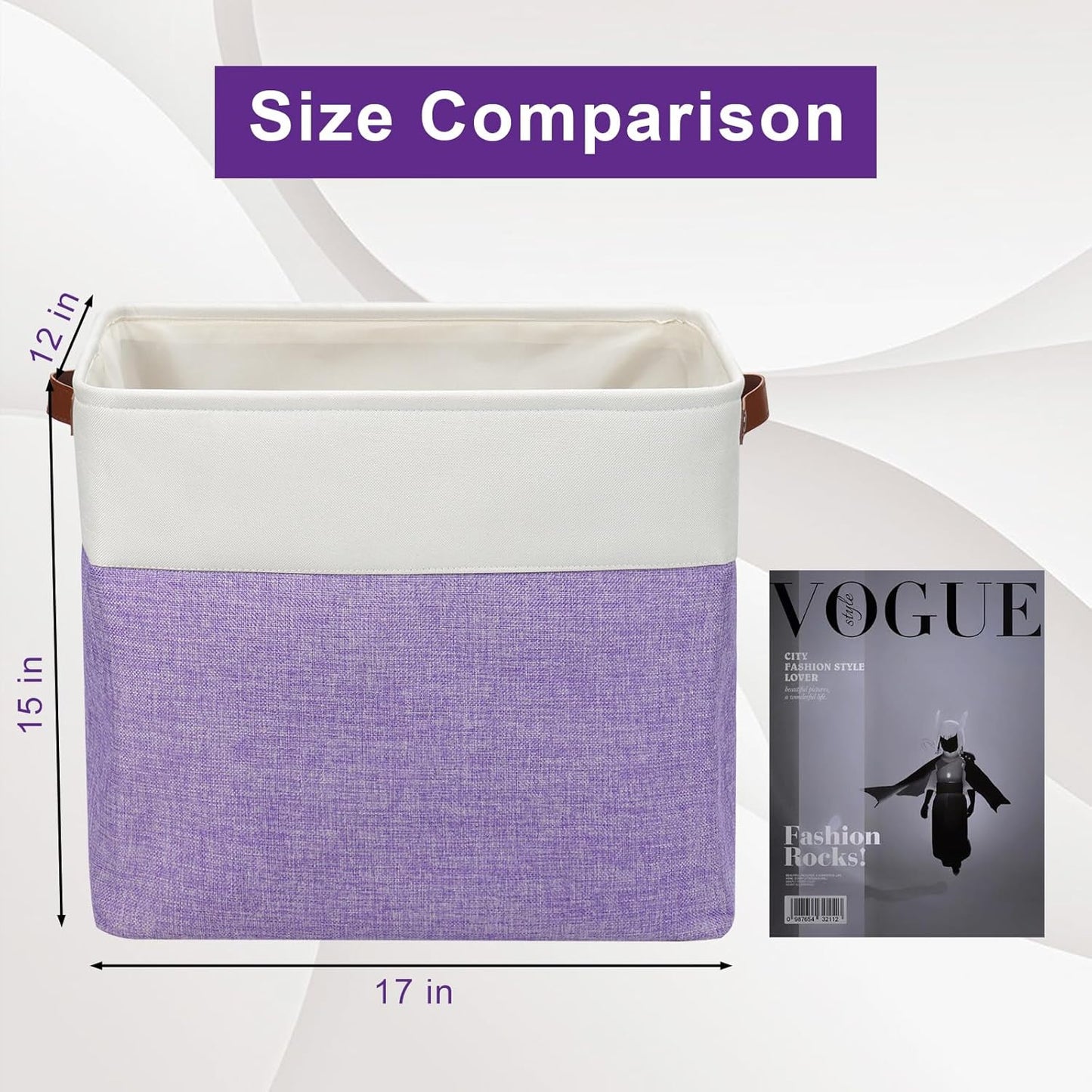 Large Fabric Storage Baskets | 50L Storage Bins, Decorative Linen Closet Baskets with Handles for Organizing, Shelf, Toys, Clothes, Home, Office, Nursery, 17x12x15Inches (Purple&White)
