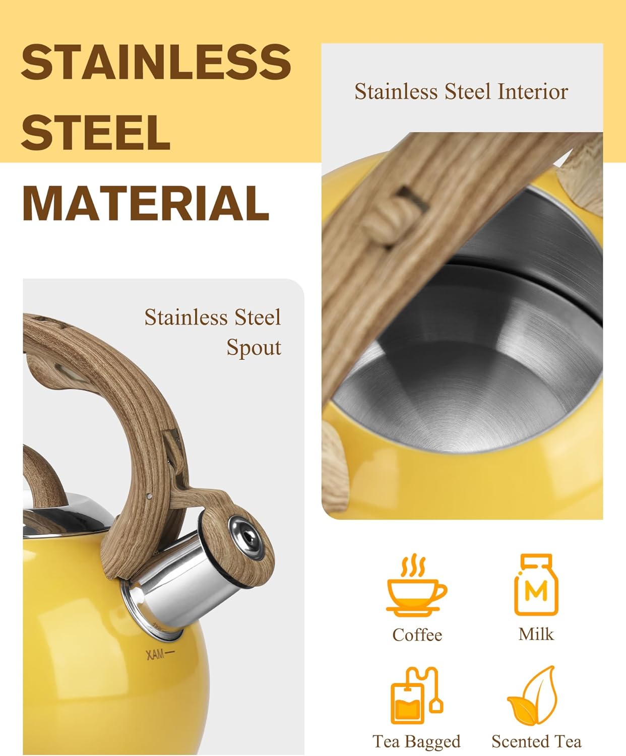 Stovetop Tea Kettle, 2.1 Quart Stove Top Whistling Tea Kettles,Water Teapot Induction Tea Kettle with Food Grade Stainless Steel and Silicone Anti-Hot Handle, Suitable for All Heat Sources