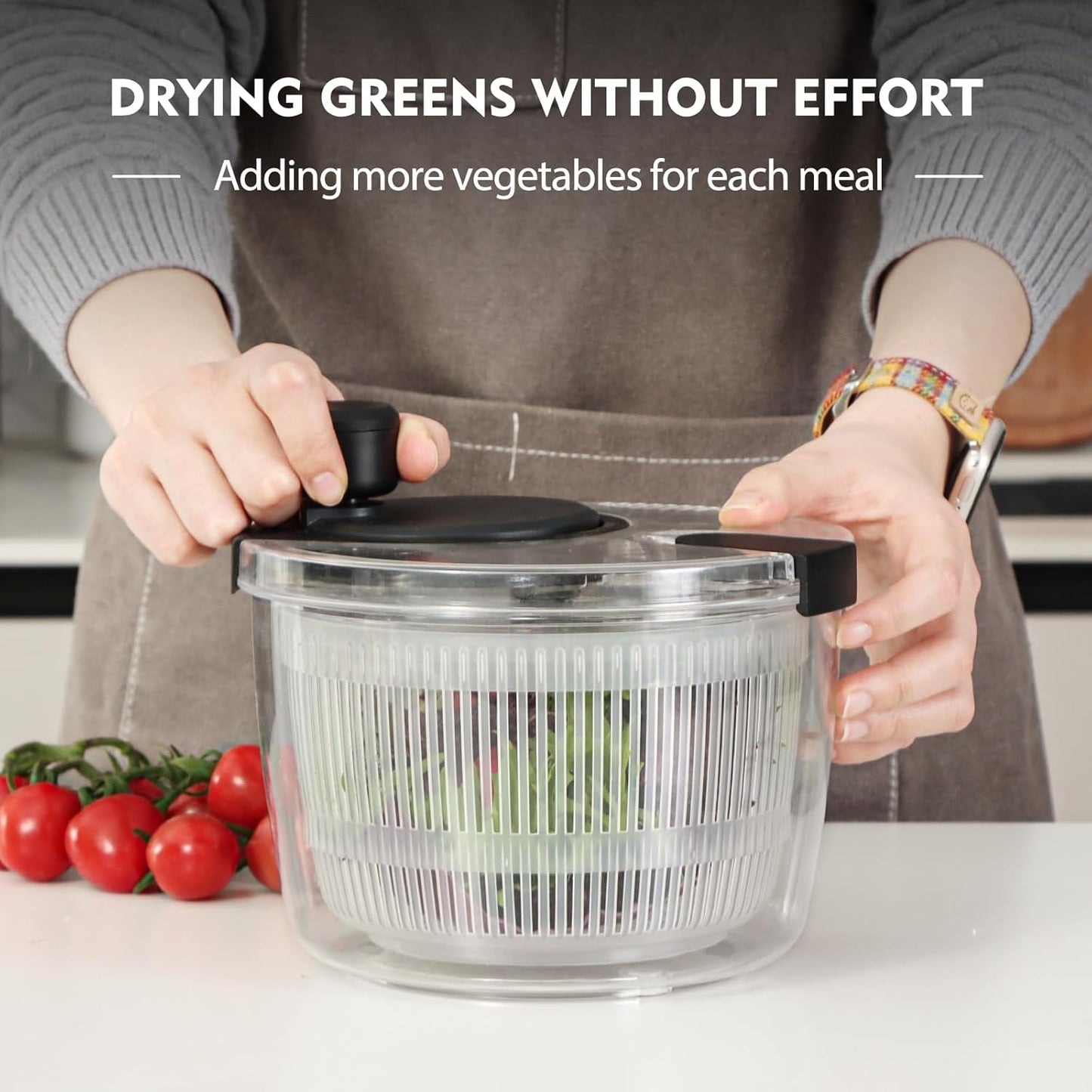 Ourokhome Salad Spinner Lettuce Dryer, Hand-crank Rotary Vegetable Dryer Veggie Washer with Transparent Bowl and Colander for Greens, Herb, Berry, Fruits, Macaroni, 2.8 QT, Black