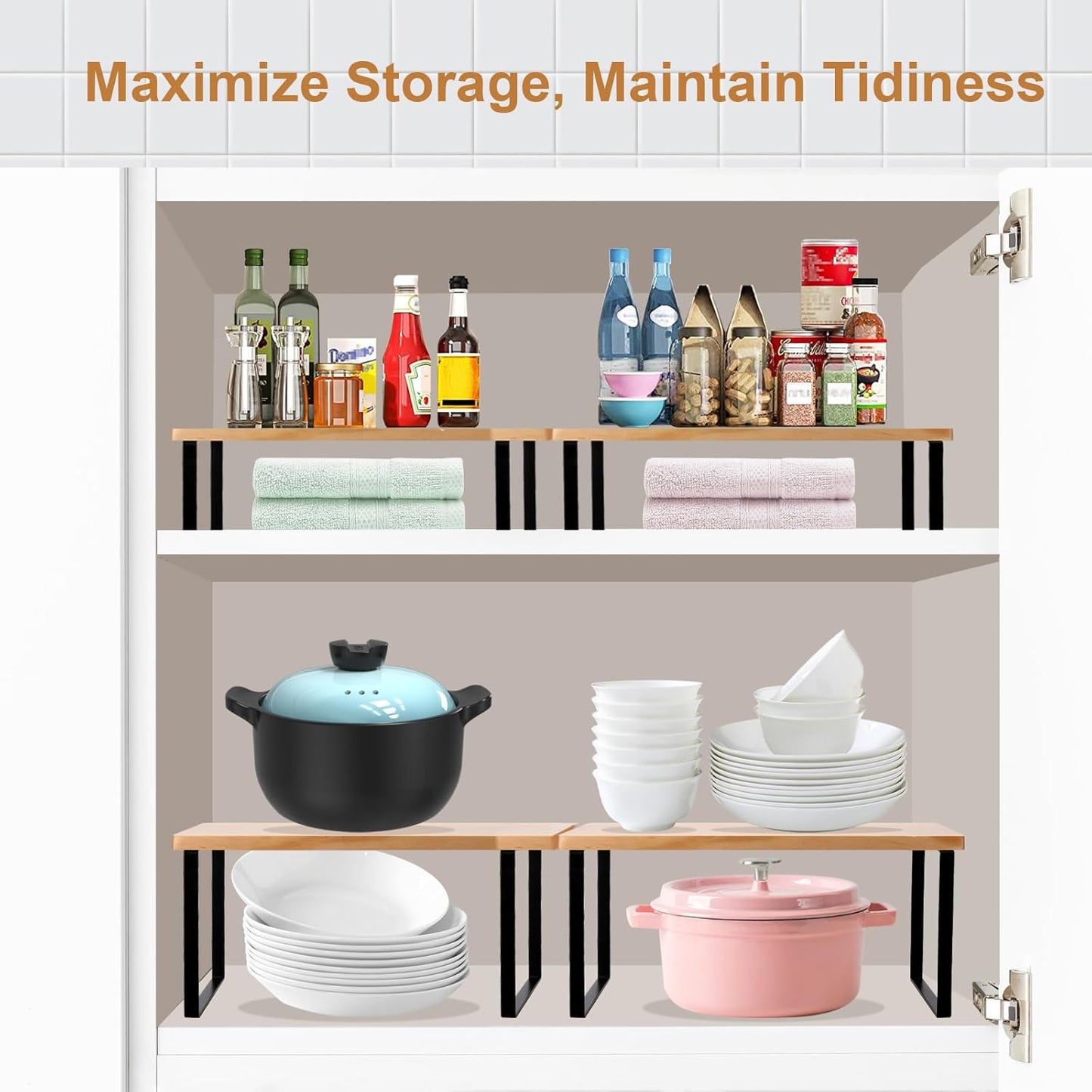 Bamber Large Cabinet Shelf Organizers Solid Wood Spice Rack Organizer for Cabinet Kitchen Countertop Storage, 16.5x10 Inches, Set of 2