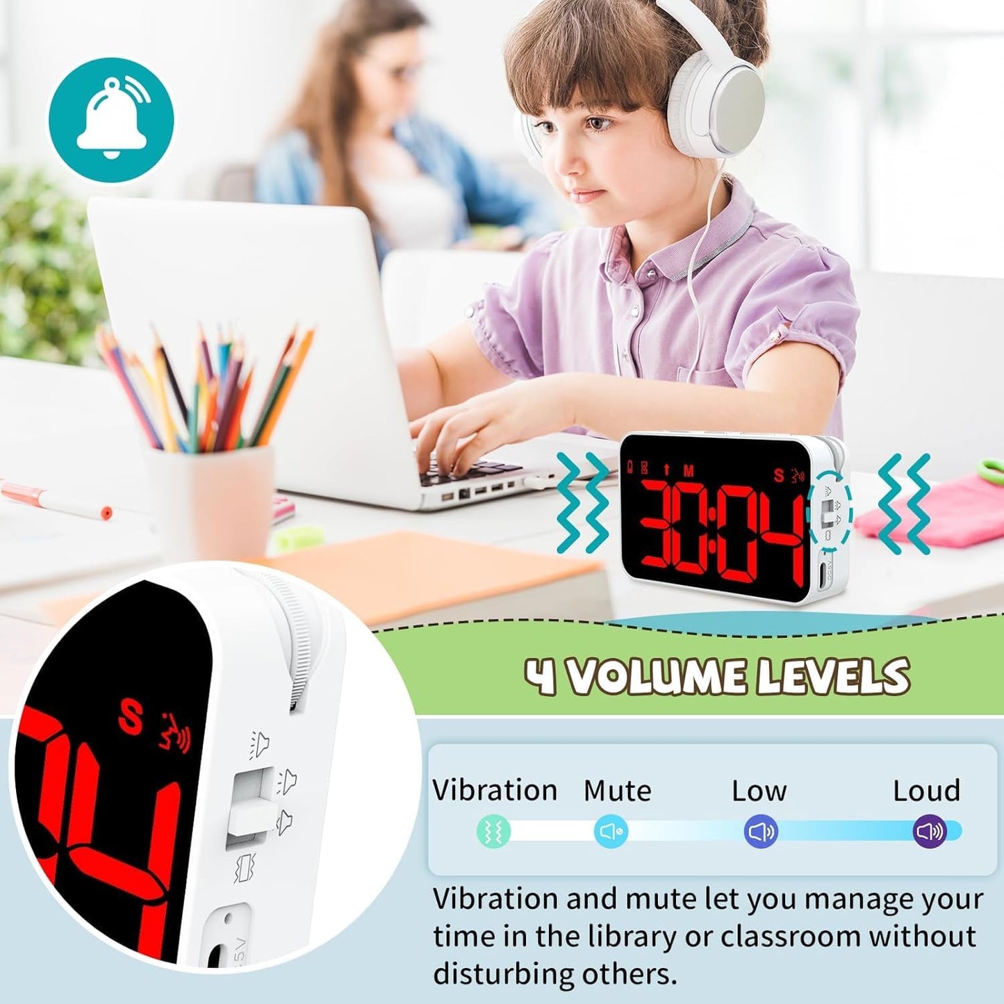 Digital Timer for Kids, 199min 59s Countdown/Up, Rechargeable, Magnetic, 3 Brightness Display, 3 Volume Levels and Vibration, with Sound Alert Function, for Kitchen, Classroom, Study, Fitness