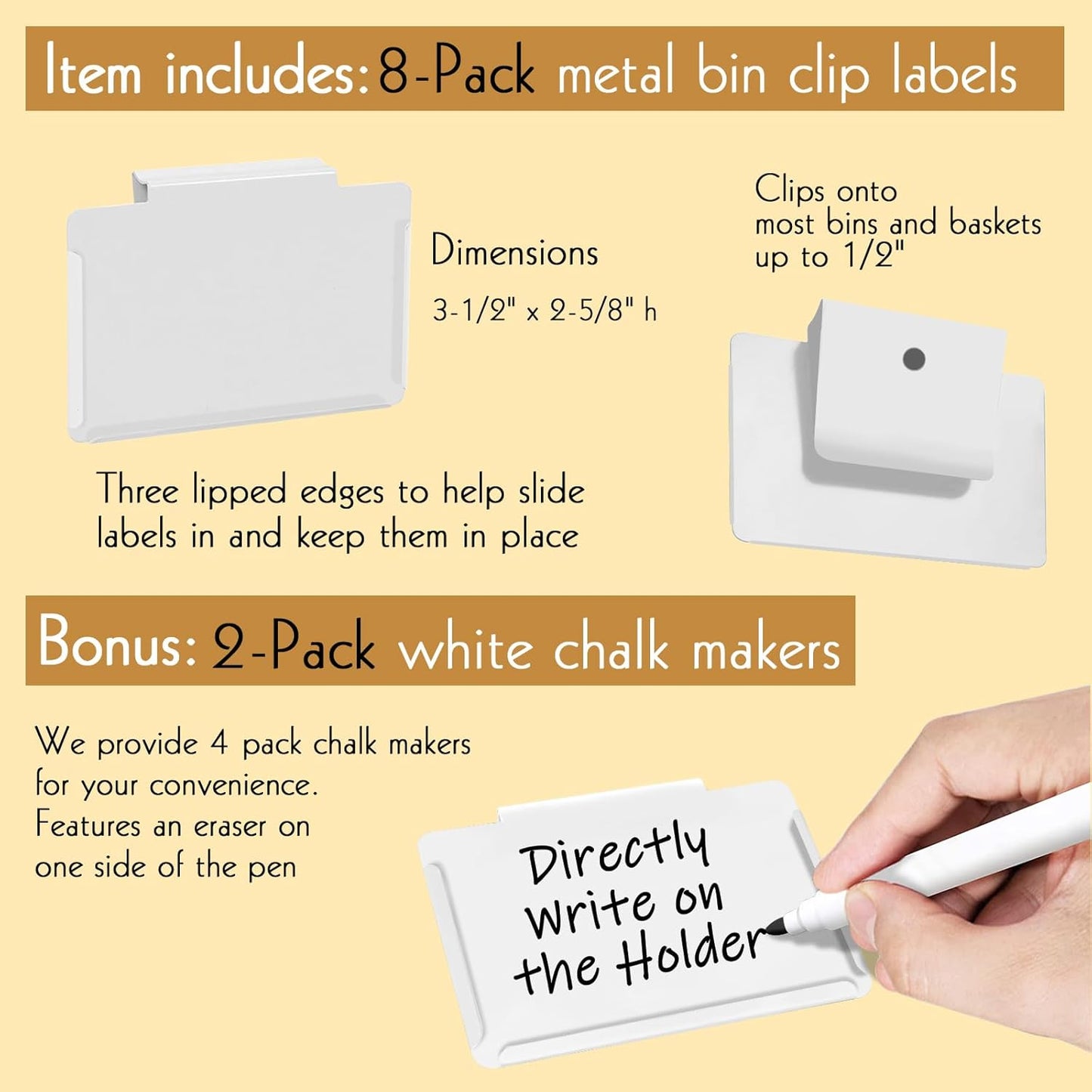 Basket Labels Clip on | Label Holders for Basket or Storage Bins Includes White Chalk Markers (8 White Holders + 2 Black Chalk Makers)