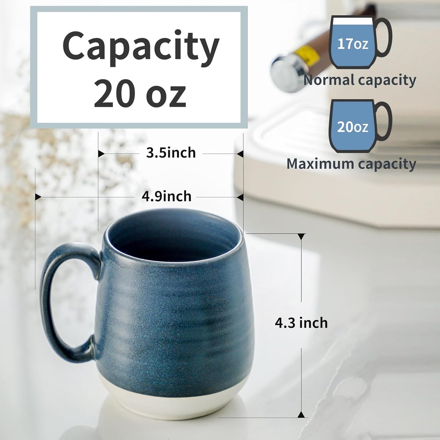 Hasense Ceramic Coffee Mugs Set of 2, 20 oz Tea Cups with Comfortable Handles, Perfect for Coffee, Latte, and Hot Beverages, Microwave and Dishwasher Safe, Deep Blue