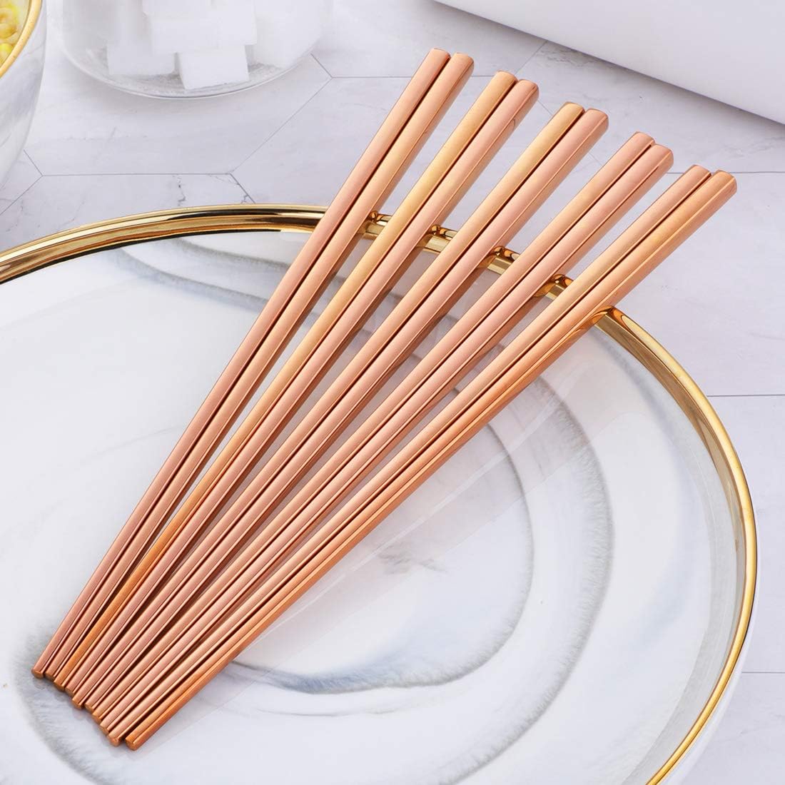 Buyer Star 5-Pair Stainless Steel Chopsticks - Reusable Rose Gold Chinese Square Chopsticks