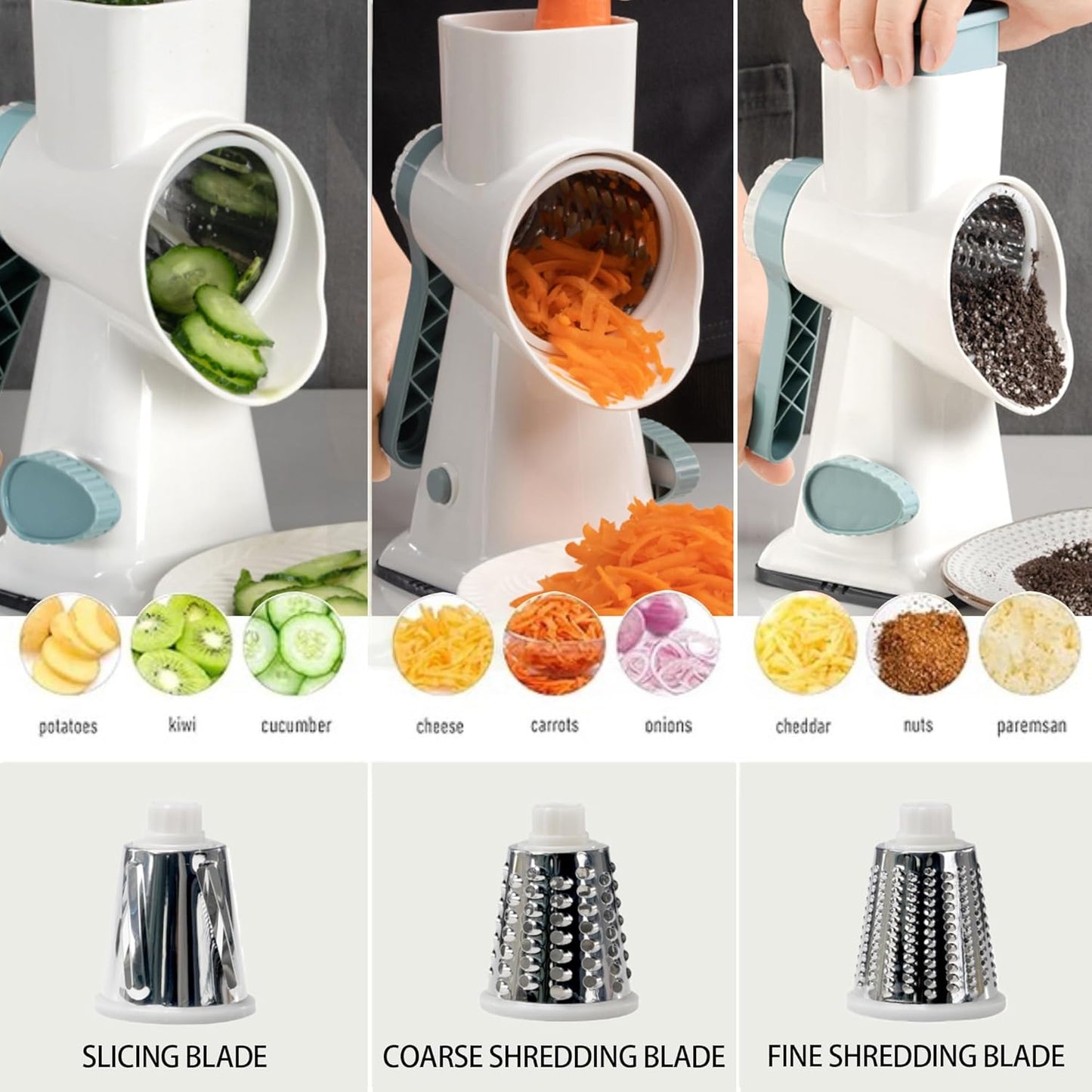 Cheese Grater Hand Crank Rotary Vegetables Shredder with Handle, 3-in-1 Graters with Interchangeable Blades and Strong Suction Base Multifunctional Slicer for Kitchen,white