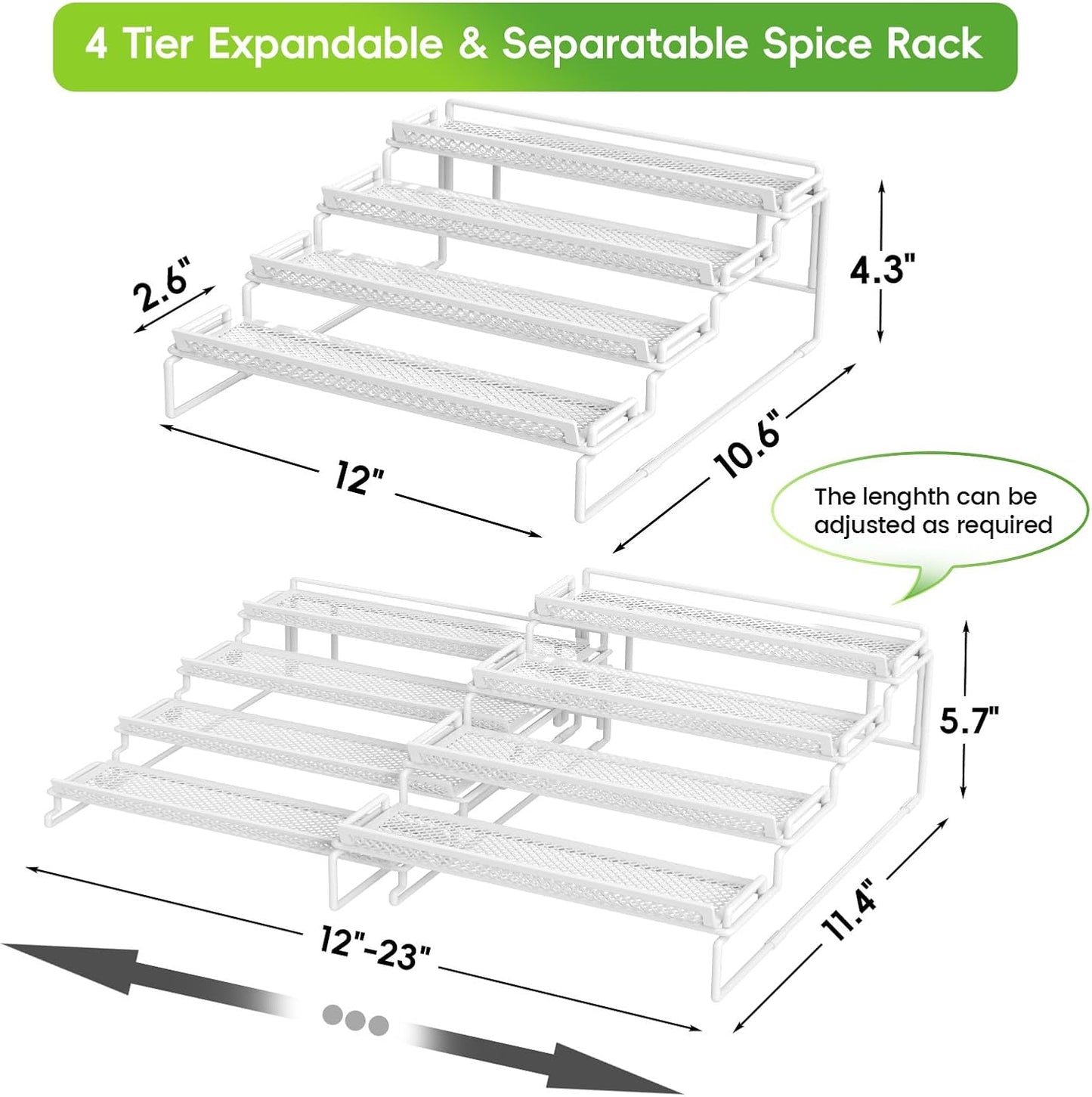 4 Tier Spice Rack Organizer for Inside Cabinet Expandable Display Riser Shelf Seasoning Organizer for Countertop Cupboard Pantry Adjustable Step Storage Holder with Protection Railing (White, 2PC)