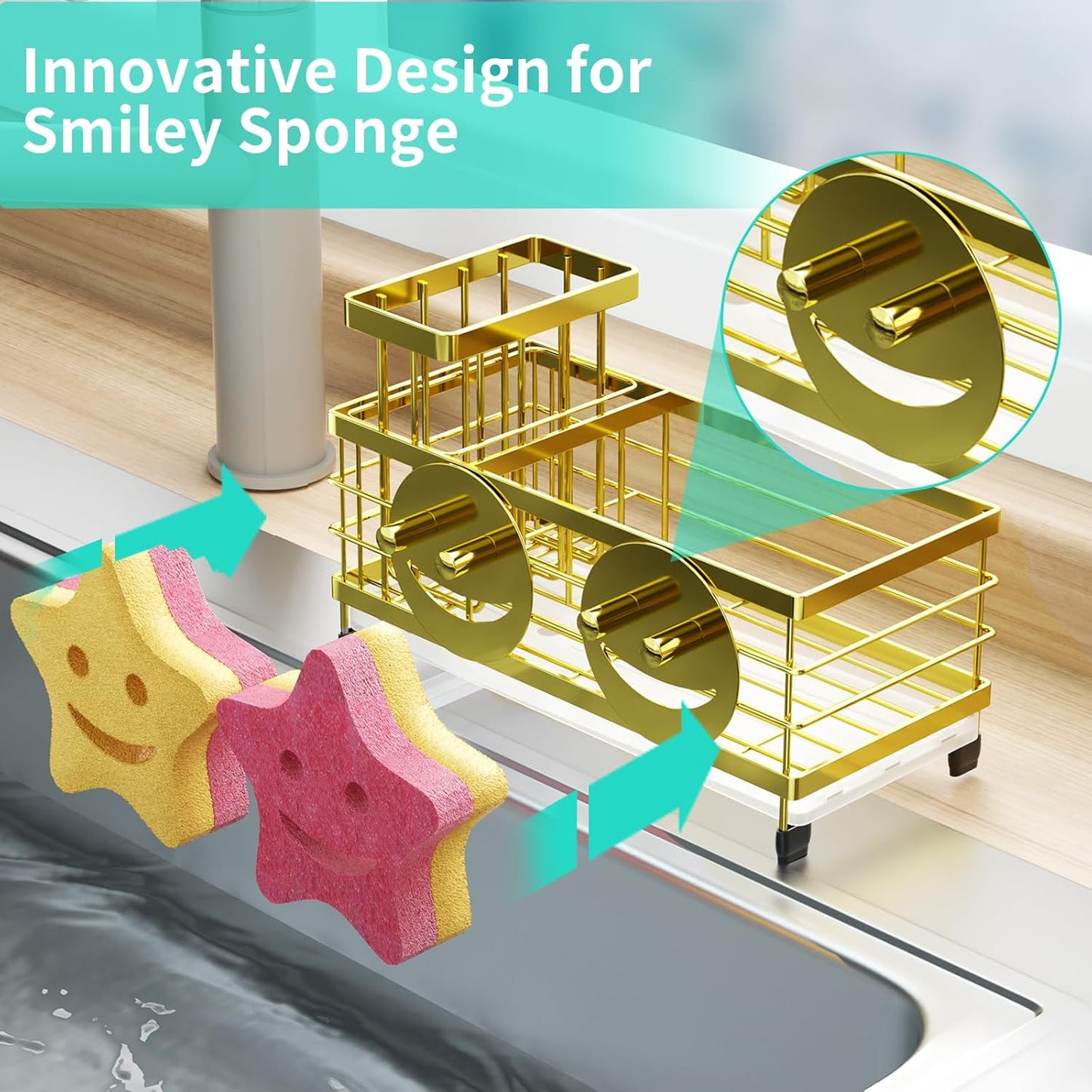 HapiRm Sink Caddy Sponge Holder - Self-draining Kitchen Sink Organizer with Smiley Face and Brush Holder, Stainless Steel Kitchen Sponge Caddy for Countertop - Gold