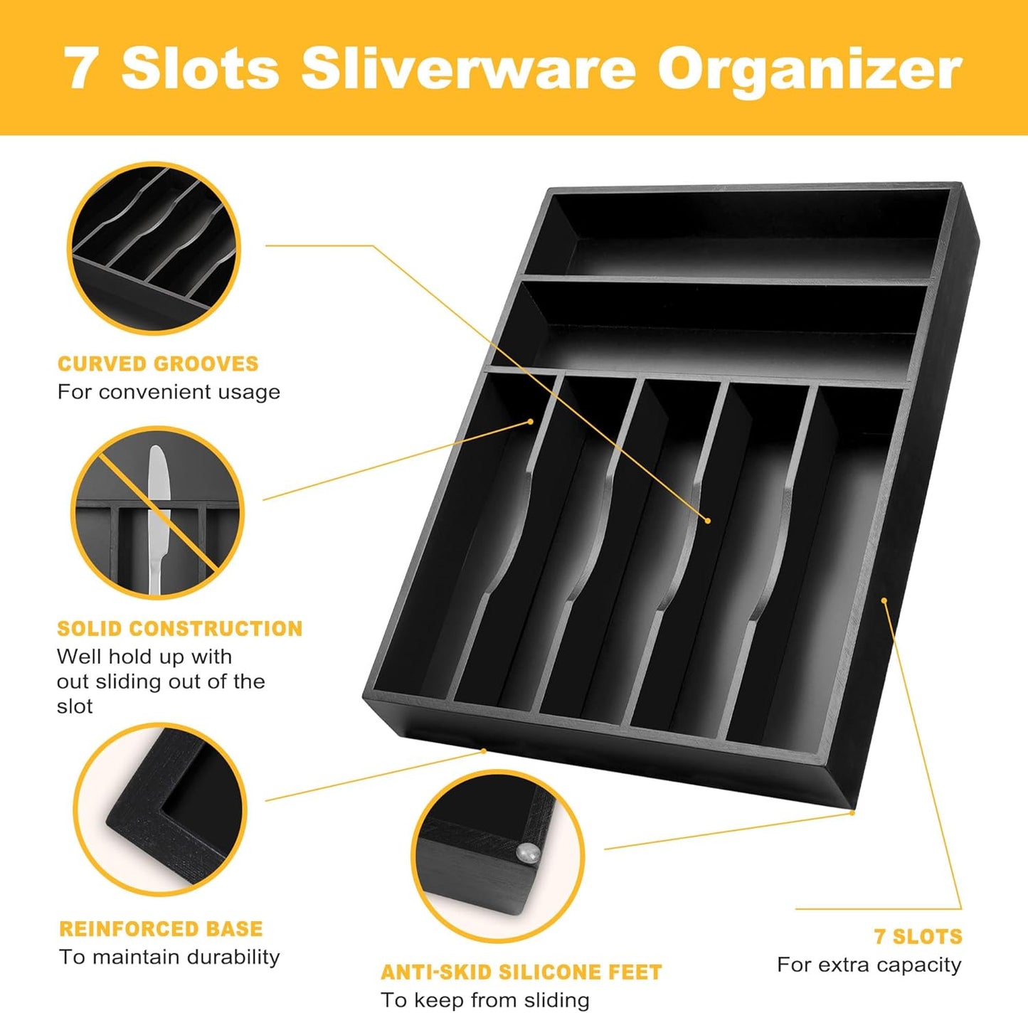 Kitchen Bamboo Silverware Organizer, Kitchen Drawer Organizer - Utensil Holder and Cutlery Tray with Grooved Drawer Dividers for Flatware 7 Slot, Black