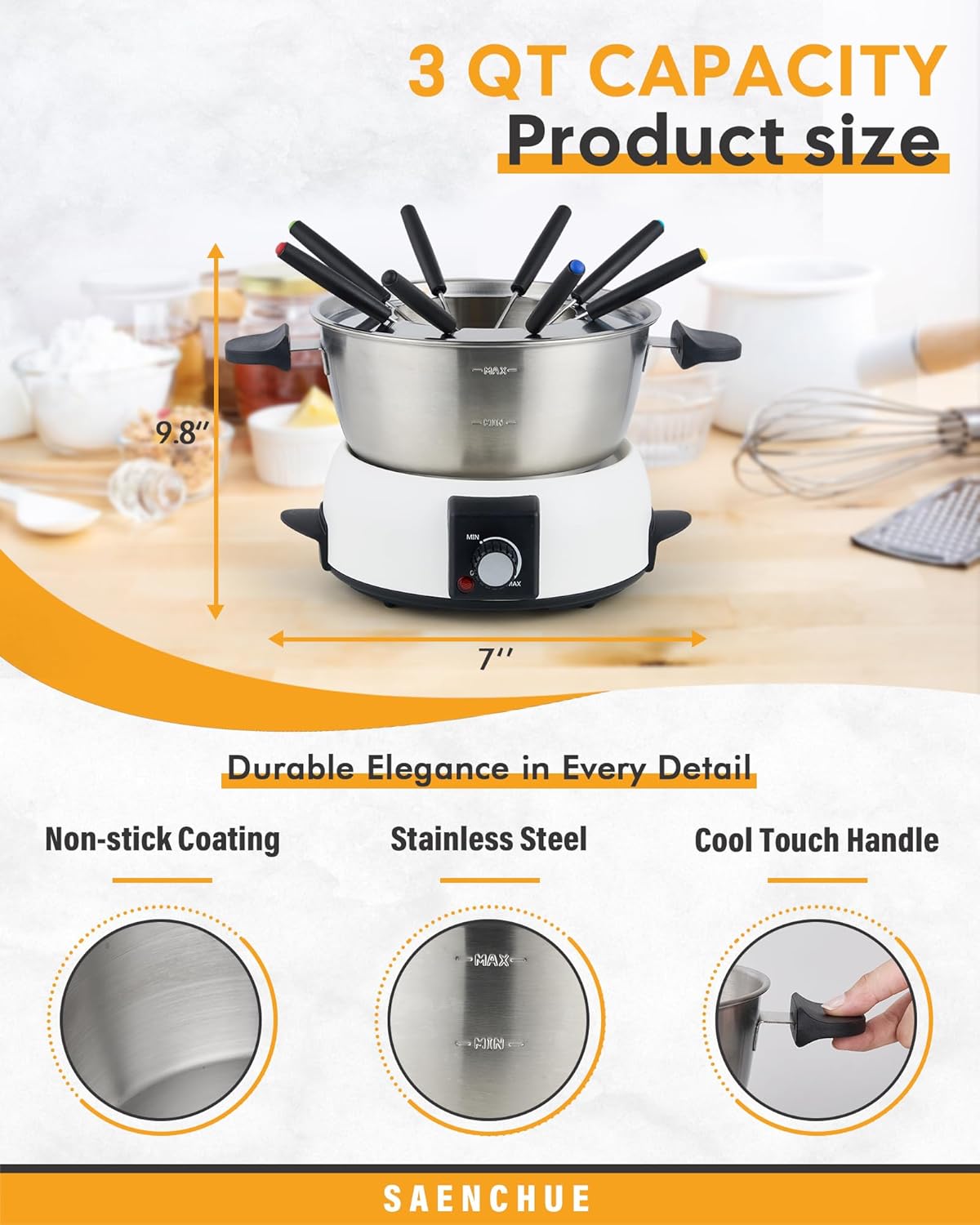 Electric Fondue Pot Set for Cheese & Chocolate - 6-Cup Stainless Steel Fondue Pot with 8 Coded Forks - 3 Mode Fondue Set Adjustable Temperature Control for Cheese, Oil and Hotpot, FD-10