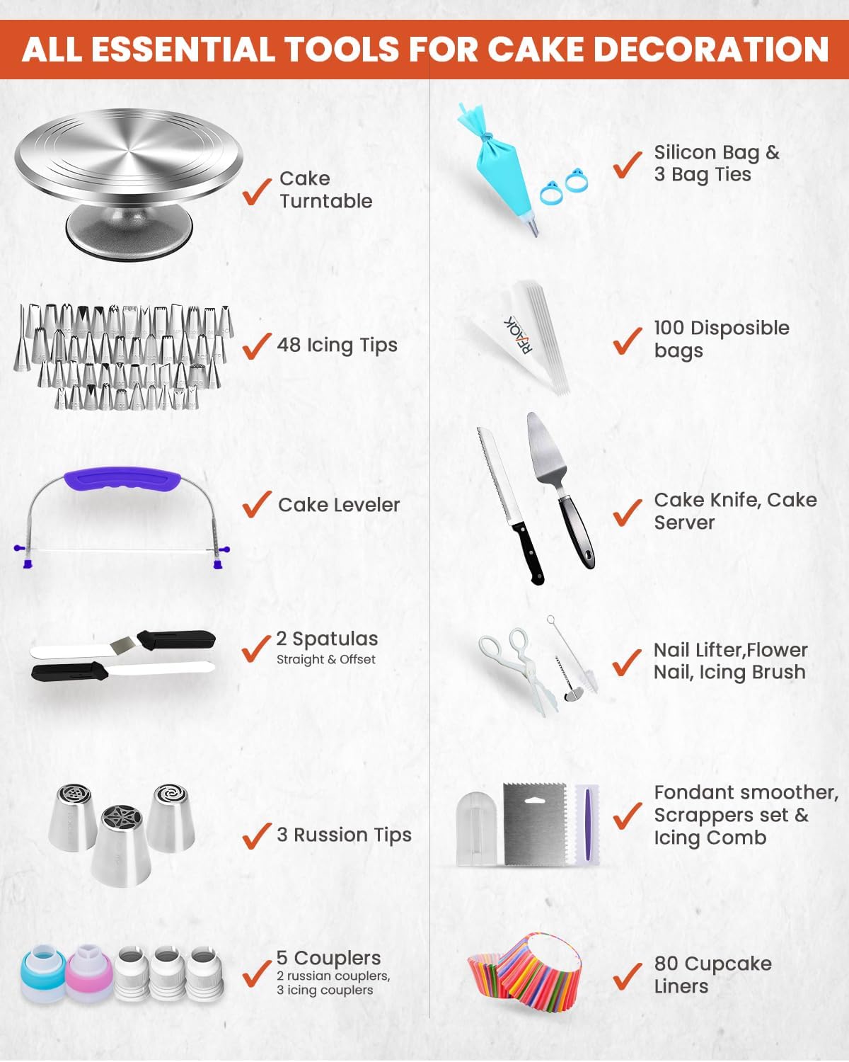RFAQK 250 PCs Aluminum Cake Decorating Tools Kit with 12" Metal Turntable & Knife set-48 Numbered Icing Tips-3 Russian Piping Nozzles-Straight & Angled Spatula-Cake Leveler& Baking Supplies Tools
