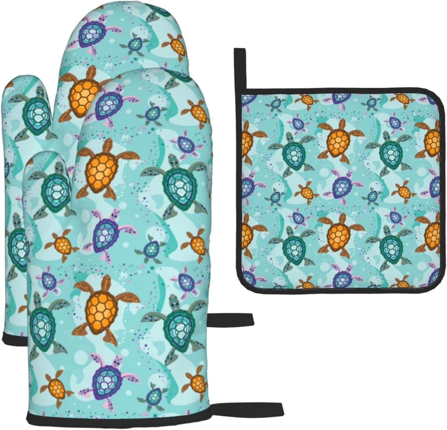 Cute Sea Turtle Beach Oven Mitts and Pot Holders Set Ocean Themed Decorative Heat Resistant Microwave Oven Gloves for BBQ Baking Grilling Cooks Kitchen Decor 3 Piece