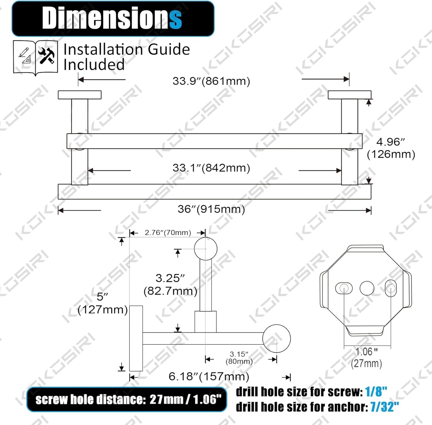 KOKOSIRI Bathroom Towel Bars 36-Inch Double Towel Rails Matte Black Towel Holder Overlength for Kitchen Toilet Stainless Steel B5009BK-L36