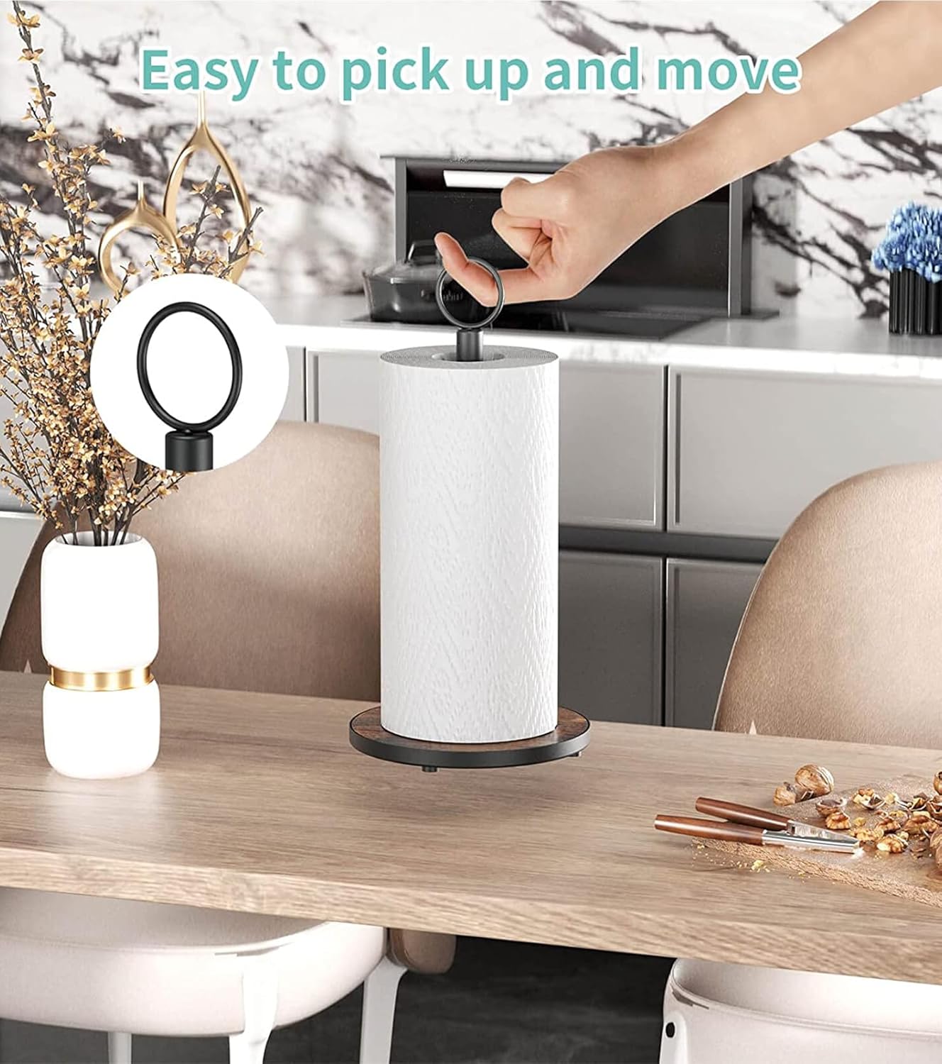 OROPY Paper Towel Holder Countertop with Heavy Duty Wood Base, Farmhouse Paper Towel Roll Stand for Kitchen Counter fits Standard and Jumbo Size Paper Towels (Brown)