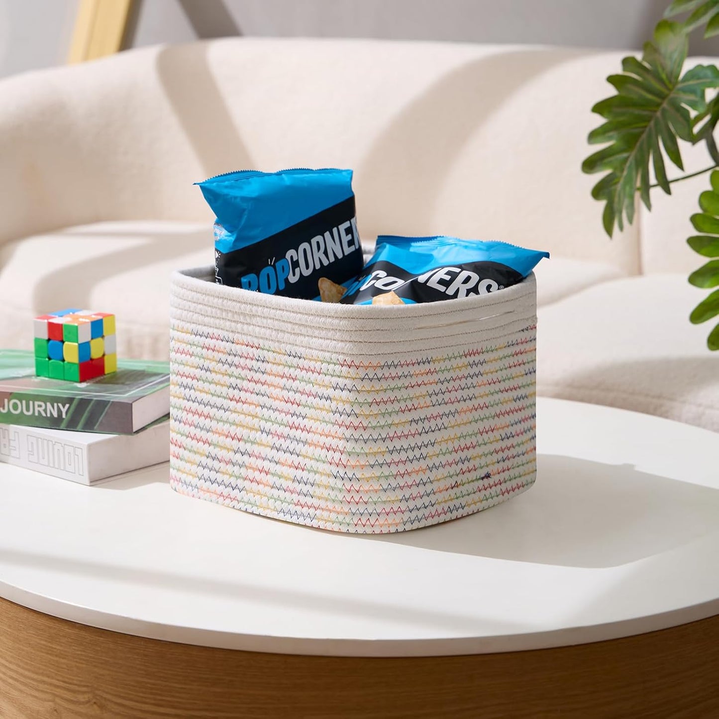 Small Organizing Baskets for Cubes Shelf, 9.7x9.7x7.1 Inch Rope Woven Storage Bins for Nursery Shelves Storage, Cute Toy Basket, Square 3 Packs Off White Rainbow