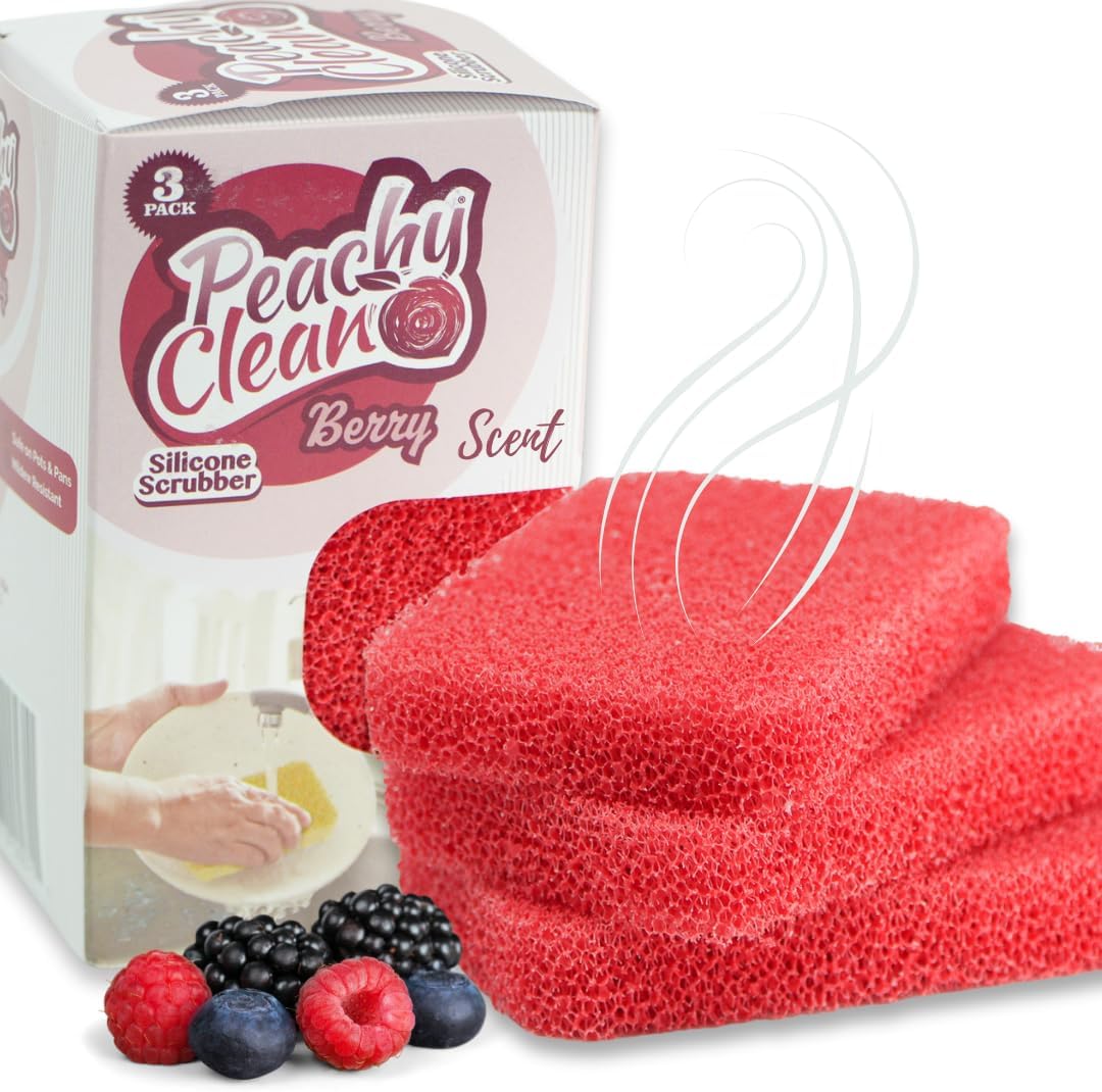 Peachy Clean Silicone Dish Sponge Scrubbers, Fresh Berry Scent, Non-Scratch, Odor-Resistant, Durable Dish Sponges for Kitchen.