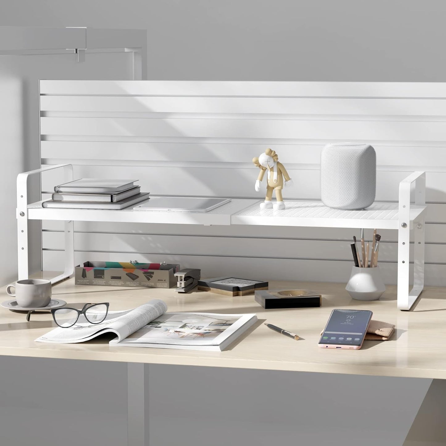 Expandable Cabinet Shelf Organizer Adjustable Metal Spice Rack Stackable Freestanding Counter Storage Shelves for Kitchen Cabinet Under Sink Office Desk (White - 2Pack - L16.5-27'' * W8'' * H9.6'')