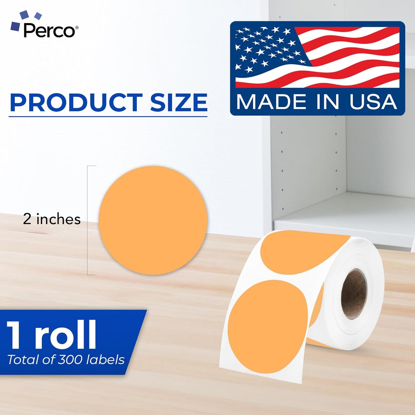 Perco Orange 2-Inch Perforated Circle Dot Thermal Sticker Labels — 300 Stickers/Roll, Direct Thermal Printer Compatible—with Permanent Adhesive for Organizing, Color Coding, Bin Labeling—Made in USA