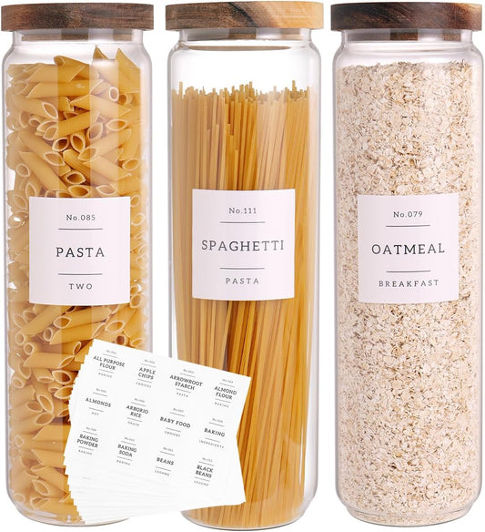 3 Set Glass Pantry Storage Jars with Acacia Airtight Lid - 50oz Thicken Glass Kitchen Canisters with 132 Pantry Labels - Tall Food Storage Containers with Wood Lid for Pasta,Spaghetti,Cereal