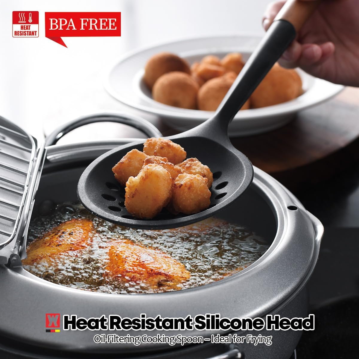 Silicon Cooking Skimmer Ladle with Wooden Handle: Slotted Cooking Spoon for Deep Frying Food, Food Separator, Heat Resistant, BPA Free, Gentle Head Design for Non-Stick Cookware