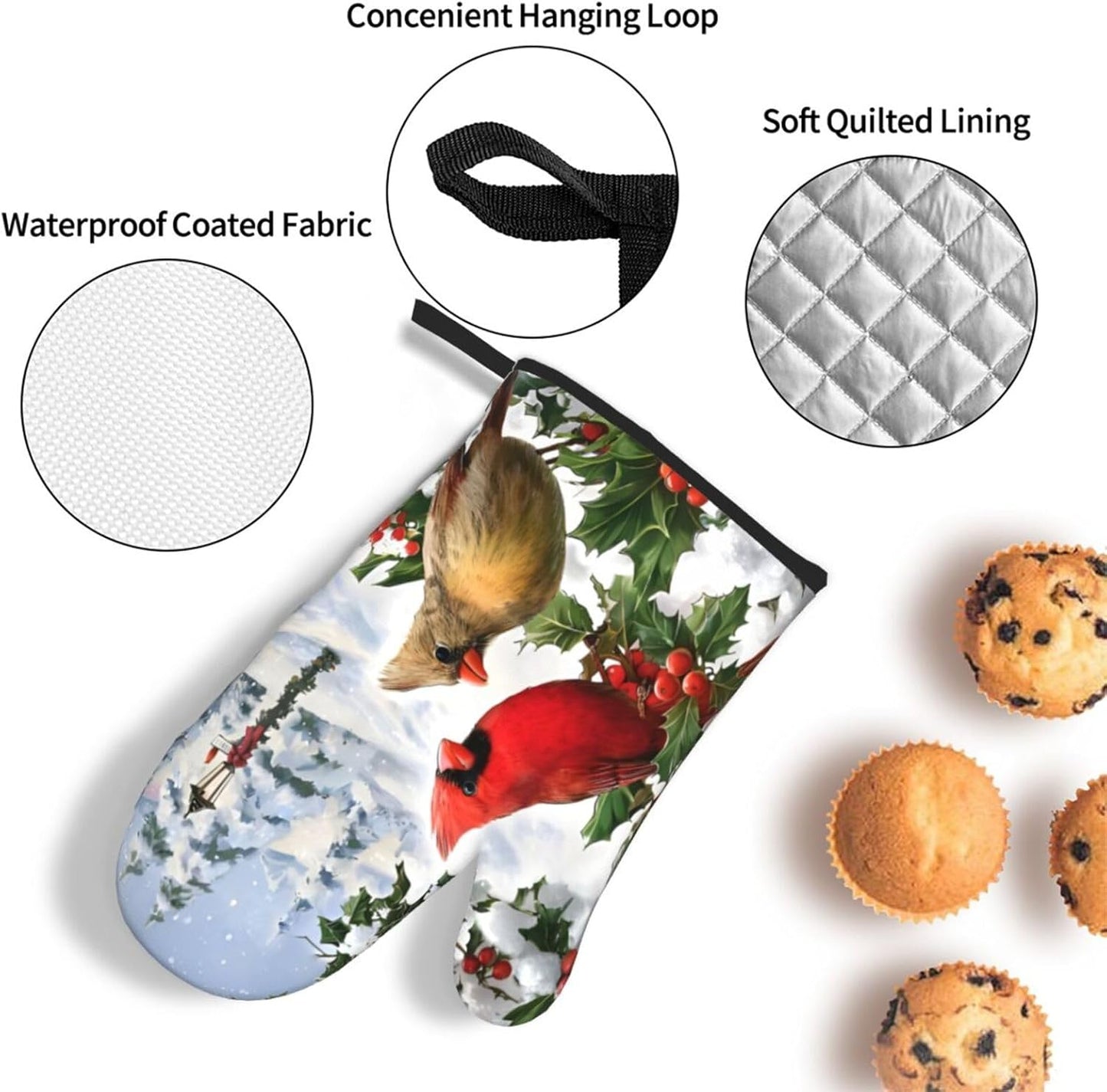 Winter Cardinal Christmas Oven Mitts and Pot Holders Sets of 3,Heat Resistant Hot Pads Oven Gloves for Cooking Grilling Baking, Christmas Kitchen Decor, for Women