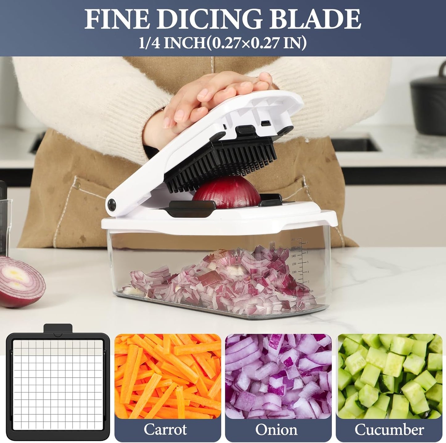 Ourokhome Chopper Vegetable Cutter with Container, Manual Hand Food Onion Dicer with 2 Chopping Blades for Potato Strips, Veggie Cubers, Carrot Sticks, Essential Kitchen Gadgets (2 in 1, White)