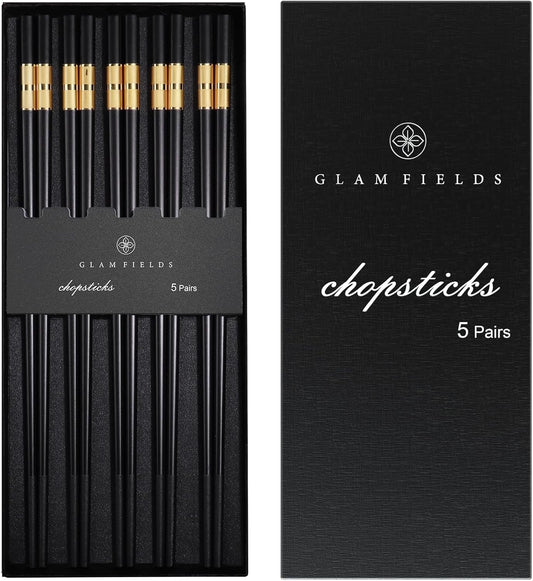 GLAMFIELDS 5 Pairs Premium Chopsticks Reusable Dishwasher Safe 9.5 Inch Fiberglass Chop Sticks Gift Set Non Slip Black+Gold