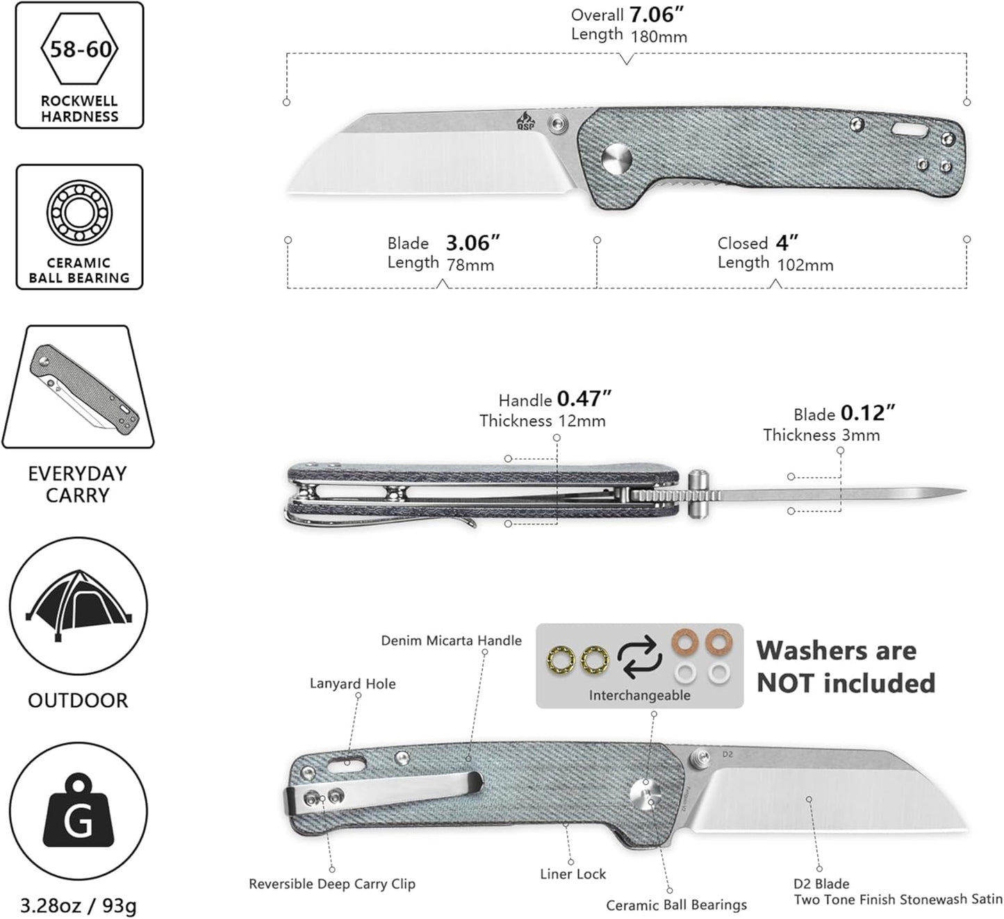 QSP Penguin V2 Folding Pocket Knife, 3.06" D2 Two Tone Finish Stonewash Satin Blade EDC Knife, Denim Micarta Handle, Liner Lock, Ceramic Ball Bearings, Reversible SS Deep Carry Clip