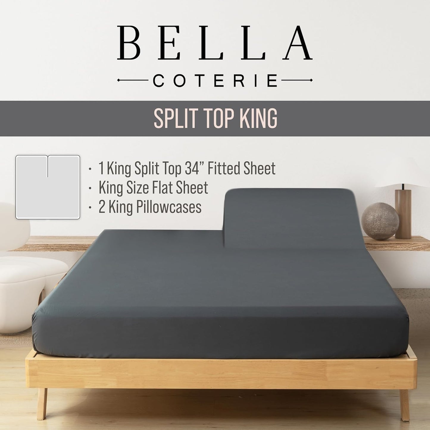 Bella Coterie Luxury Bamboo Viscose Split Top King Size Sheet Set | 100% Organically Grown | Ultra Soft | 34" Split | Cooling for Hot Sleepers | 18" Deep Pocket [Charcoal Grey]