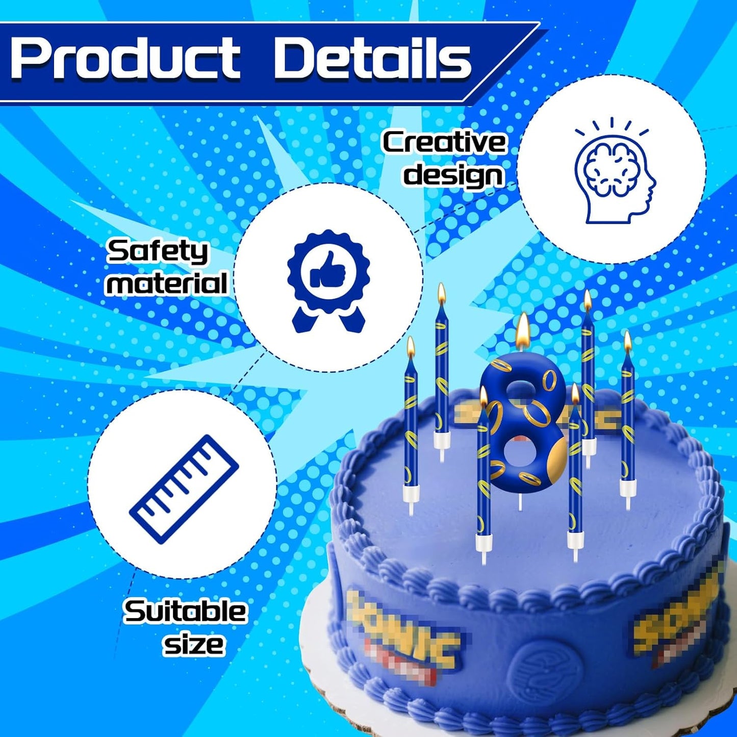 13PCS Birthday Cake Candles Set - Blue and Golden Ring Number Candles with Vibrant Designs for Boys & Girls, Theme Birthday Party Decorations, Cake Toppers for Theme Parties(Number 8)