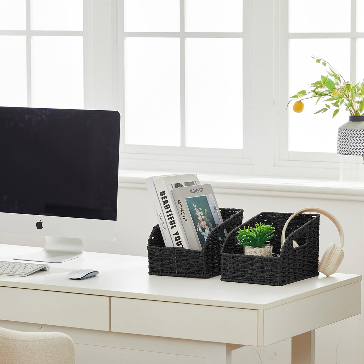 Wicker Baskets for Organizing,Pantry, Kitchen Counter with Handles, Handwoven Woven Storage Baskets for Fruit, Bread, Vegetable, Paper Storage Bins for Shelves, 3 Pack, Black