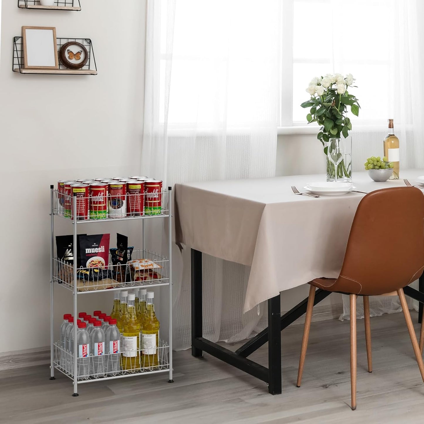 Water Bottle Storage Organizer 3 Tier Freestanding Water Bottle Holder Rack Stand Metal Drink Soda Can Organizer Beverage Shelf for Floor Pantry Kitchen Food Storage, Silver