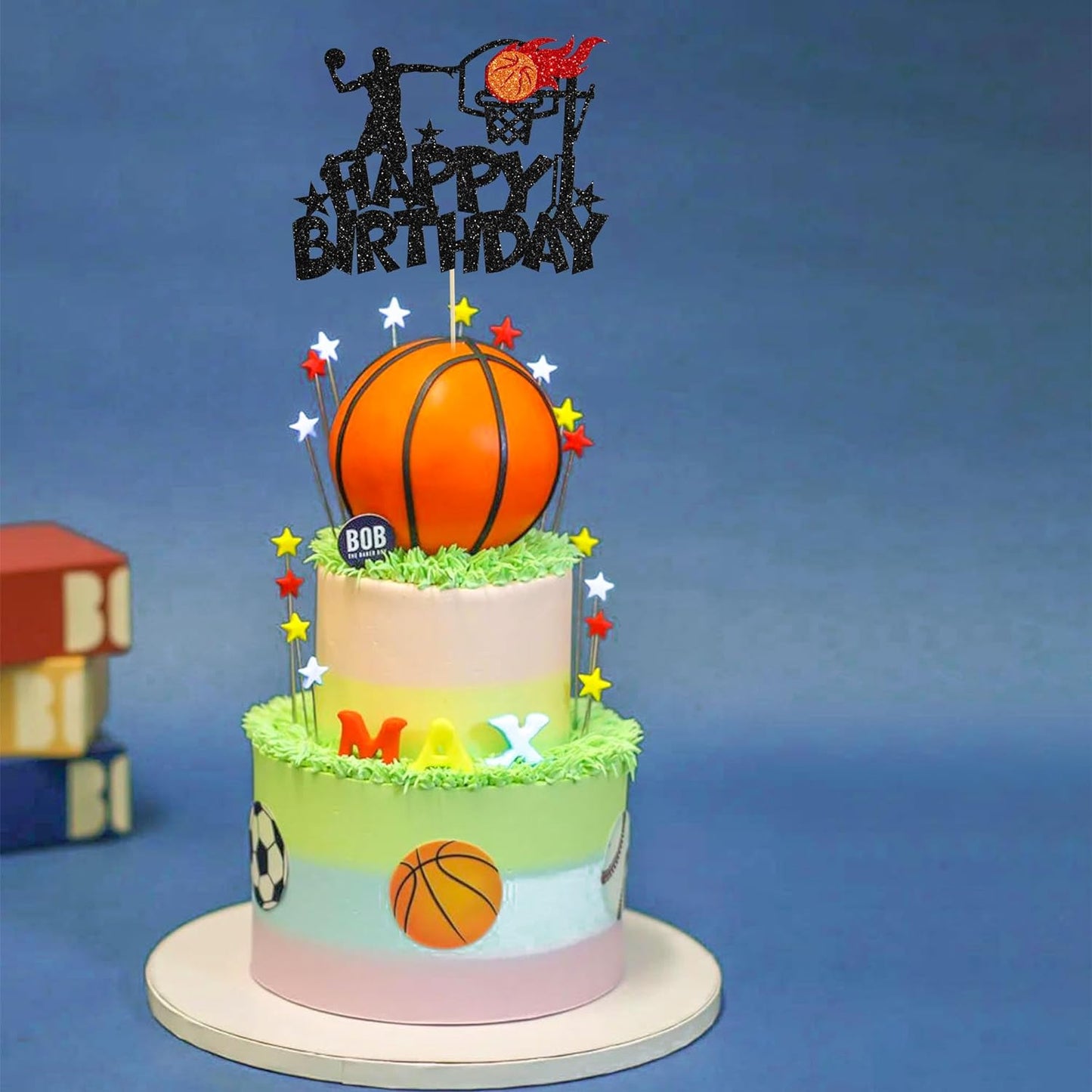 1Pc Basketball Happy Birthday Cake Topper Glitter Basketball Sports Theme Birthday Cake Pick for Theme Baby Shower Birthday Party Cake Decorations Supplies