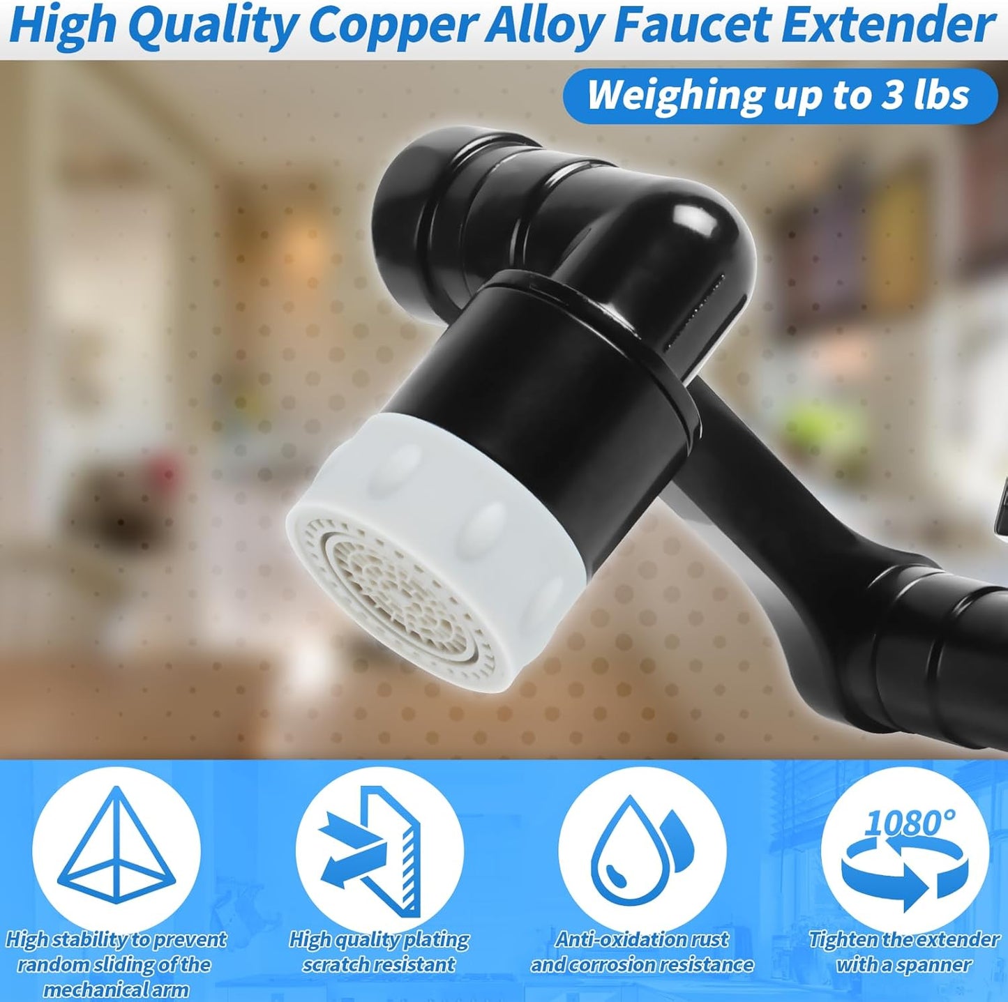 1080° Swivel Faucet Extender with 2 Function, Heavy Duty Rotating Sink Extension, Universal Swivel Robotic Arm, Rotating Splash Filter Extension for Kitchen Bathroom-2 Pcs/Black