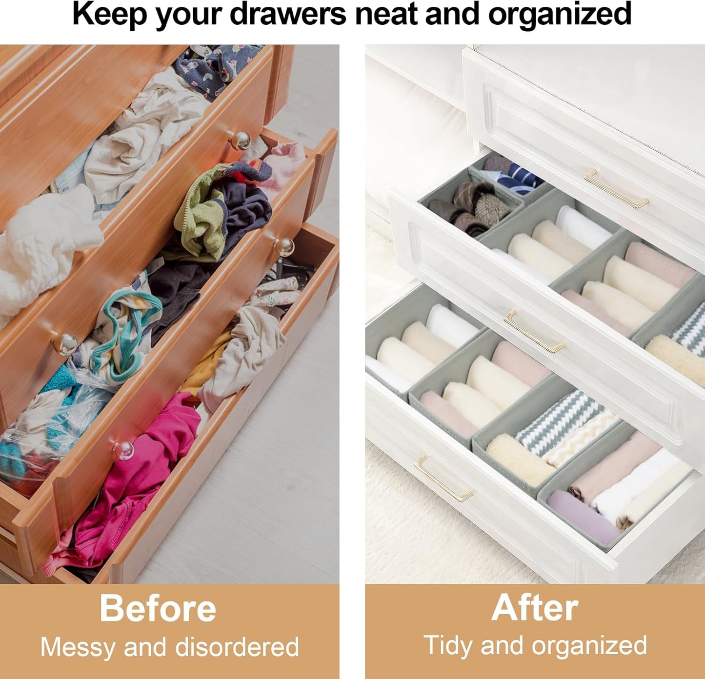 Set of 12 Drawer Organizer, Fabric Closet Organizer and Storage Baskets,Foldable Drawer Divider for Clothing,Sock,Ties,Underwear Drawer Organizers,Set of Cabinet Storage Boxes (Gray)