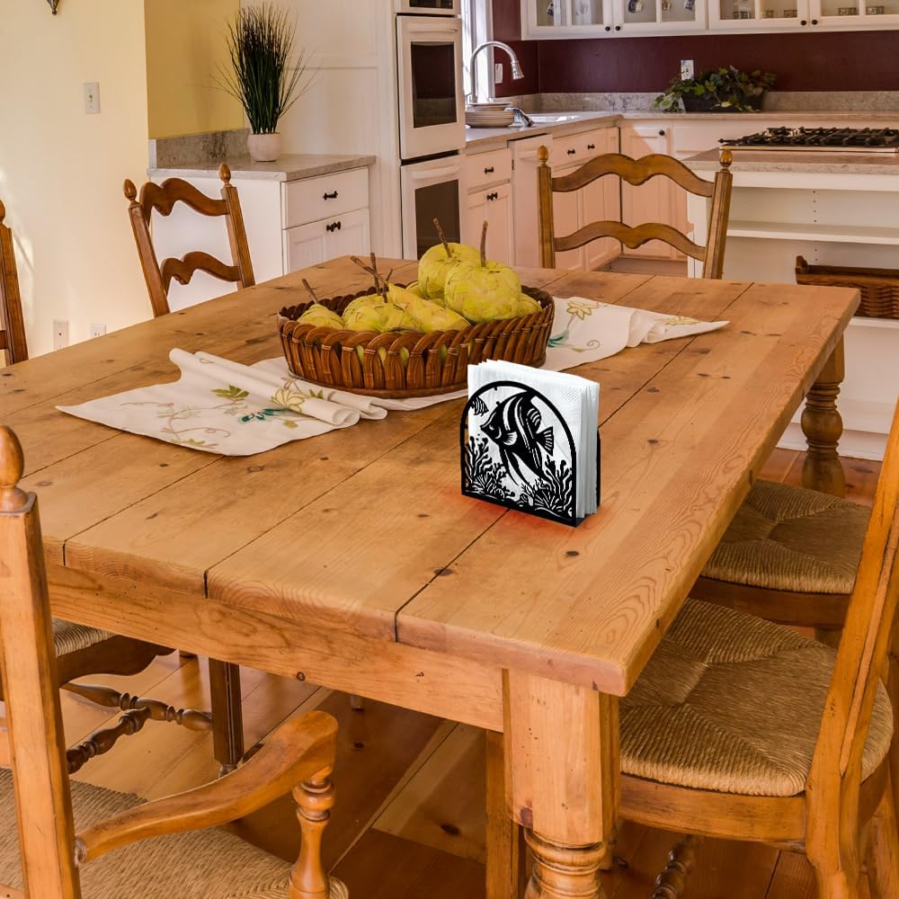 Tropical Fish Decorative Black Metal Napkin Holder for Table, 4.9" x 4.9" x 1.9" Standing Napkin Holder for Home Kitchen Restaurant Picnic Party Coffee Bar Dining Room