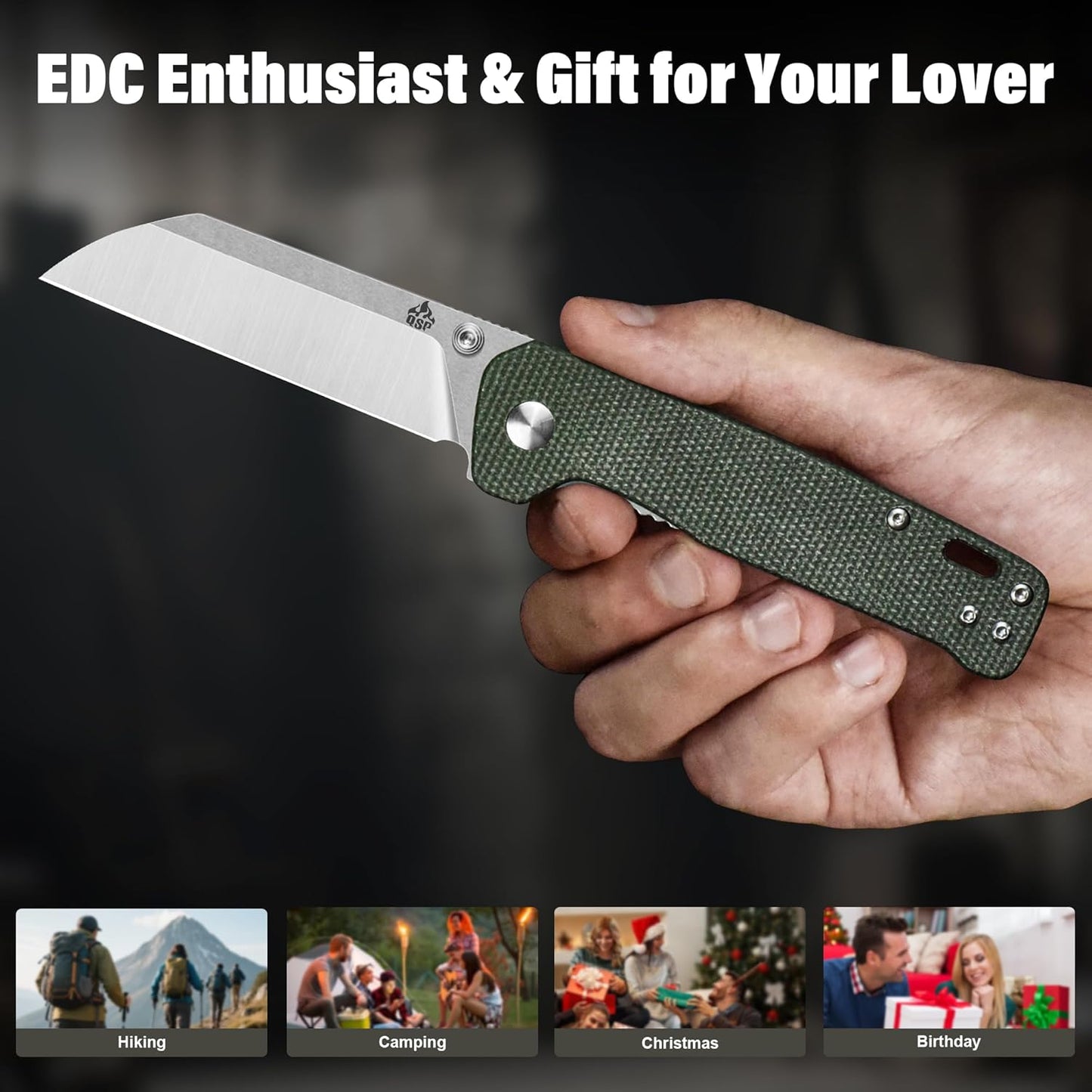 QSP Penguin V2 Folding Pocket Knife, 3.06" D2 Two Tone Finish Stonewash Satin Blade EDC Knife, Green Micarta Handle, Liner Lock, Ceramic Ball Bearings, Reversible SS Deep Carry Clip