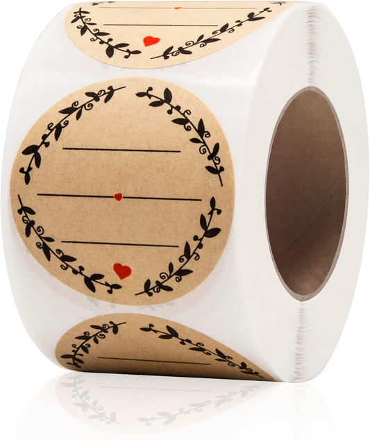500pcs 2" Label Stickers for Jars and Lids, Wreath Design with 3 Lines for Writing, Kraft Sticker Labels Pantry Labels, Mason Jar Labels Canning Labels Bottle Labels
