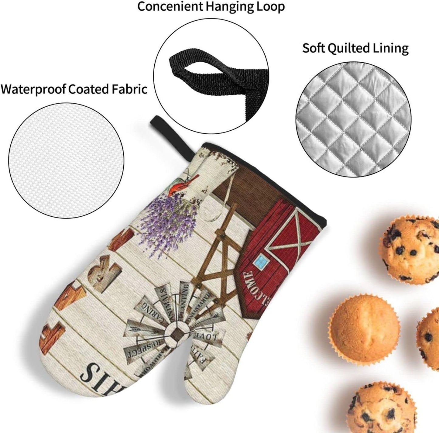 Oven Mitts and Pot Holders Sets of 4,Farmhouse Windmill and Barn House Lavender Cardinal Bird Country Style,Oven Mitts Heat Resistant Oven Gloves Set Potholders for Kitchen Baking Grilling