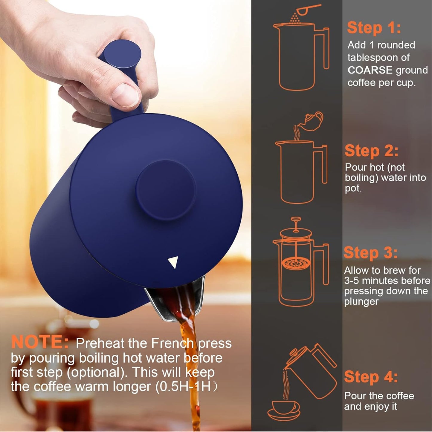 Secura French Press Coffee Maker, Double-Wall 304 Grade Stainless Steel Coffee Press with 2 Extra Screens, 34oz (1L), Blue