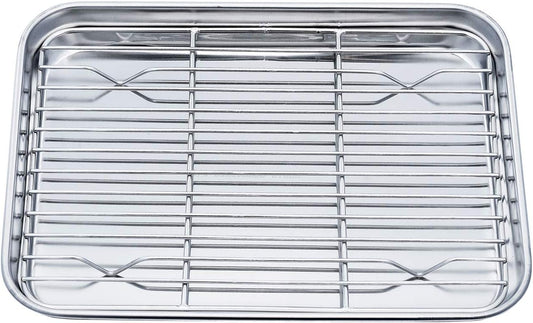 TeamFar Toaster Oven Pan Tray with Cooling Rack, Stainless Steel Toaster Ovenware Pan, Compact 8''x10''x1'', Healthy & Non Toxic, Rust Free & Easy Clean - Dishwasher Safe