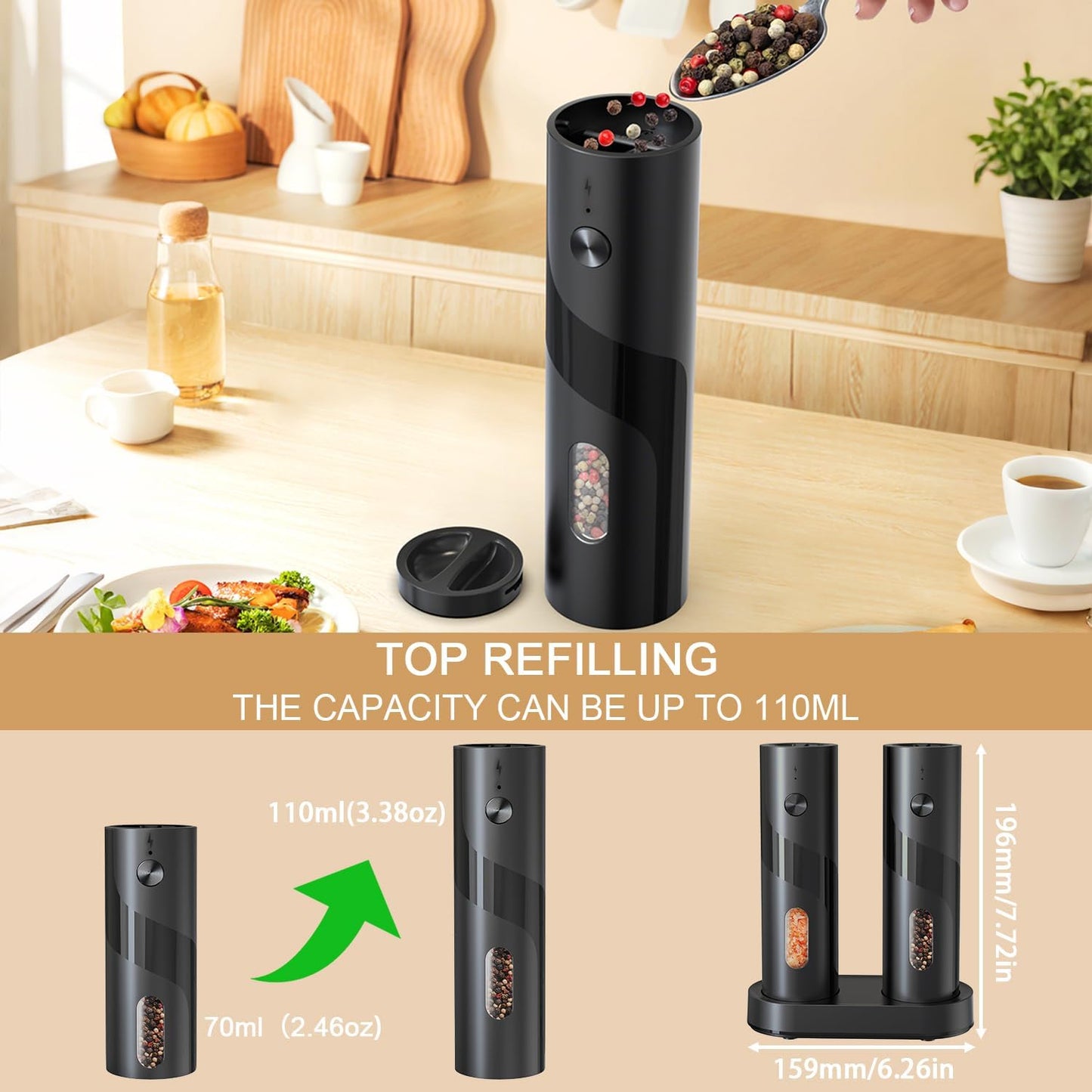 Electric Salt and Pepper Grinder Set with Charging Base，Matte Automatic Pepper Grinder Set Top-Refill, Flexible Coarsenes, 110ml Larger Capacity with LED Light for Home Kitchen (2 pack)
