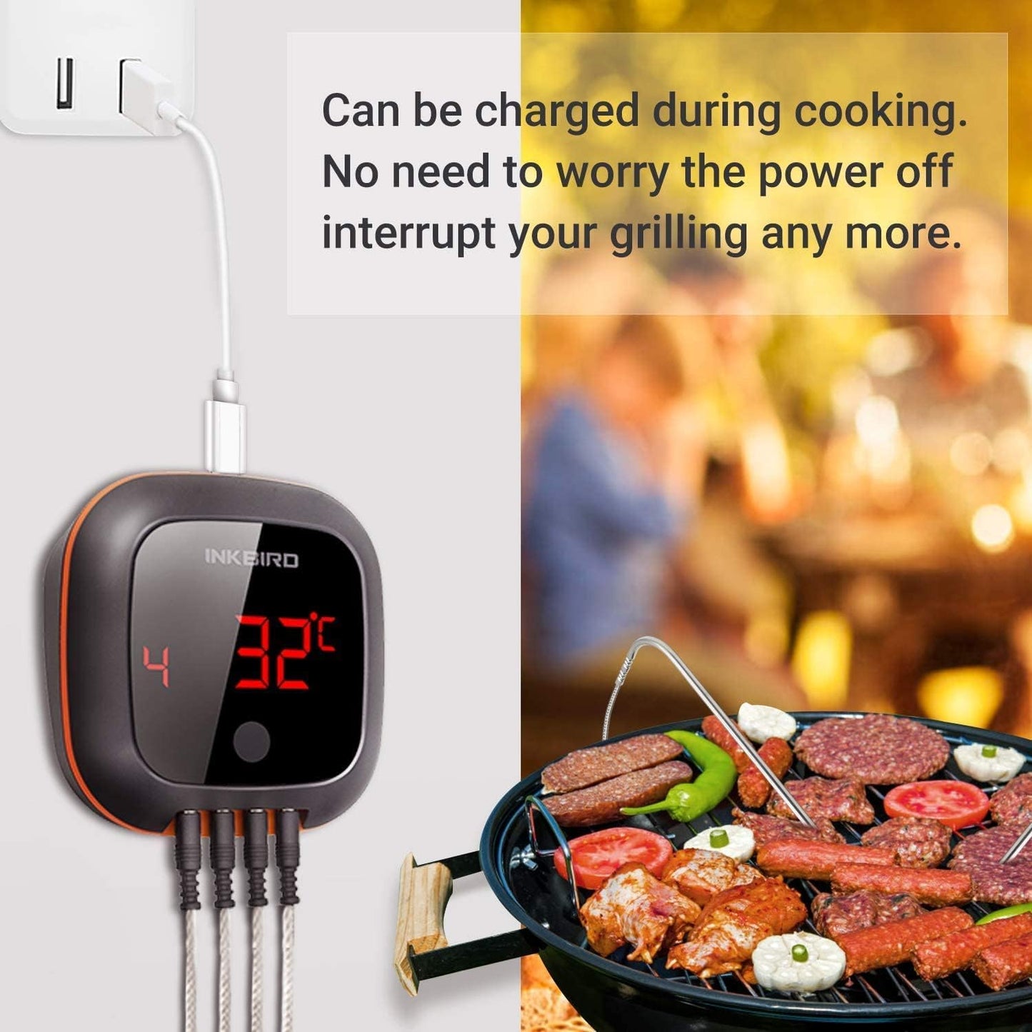 Inkbird Bluetooth Digital Wireless Meat Thermometer with 4 Probes Timer, Alarm,150 ft Barbecue Cooking Kitchen Food Meat Thermometer for Grill BBQ Smoker, Oven, Drum