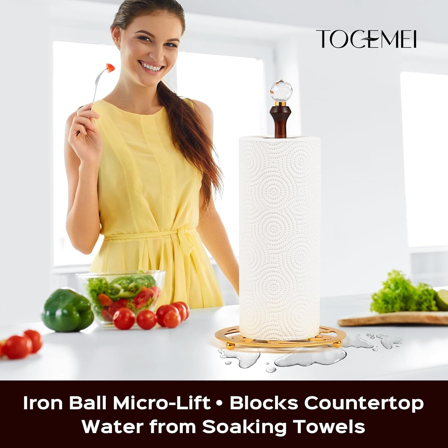 Wooden Countertop Paper Towel Holder,Iron Base with Die-Cast Pattern, Solid Wood Rod & Crystal Finial Top,Slow Reveal Artistry, Stable&Durable, Easy Install - Elevates Kitchen Décor(Gold)