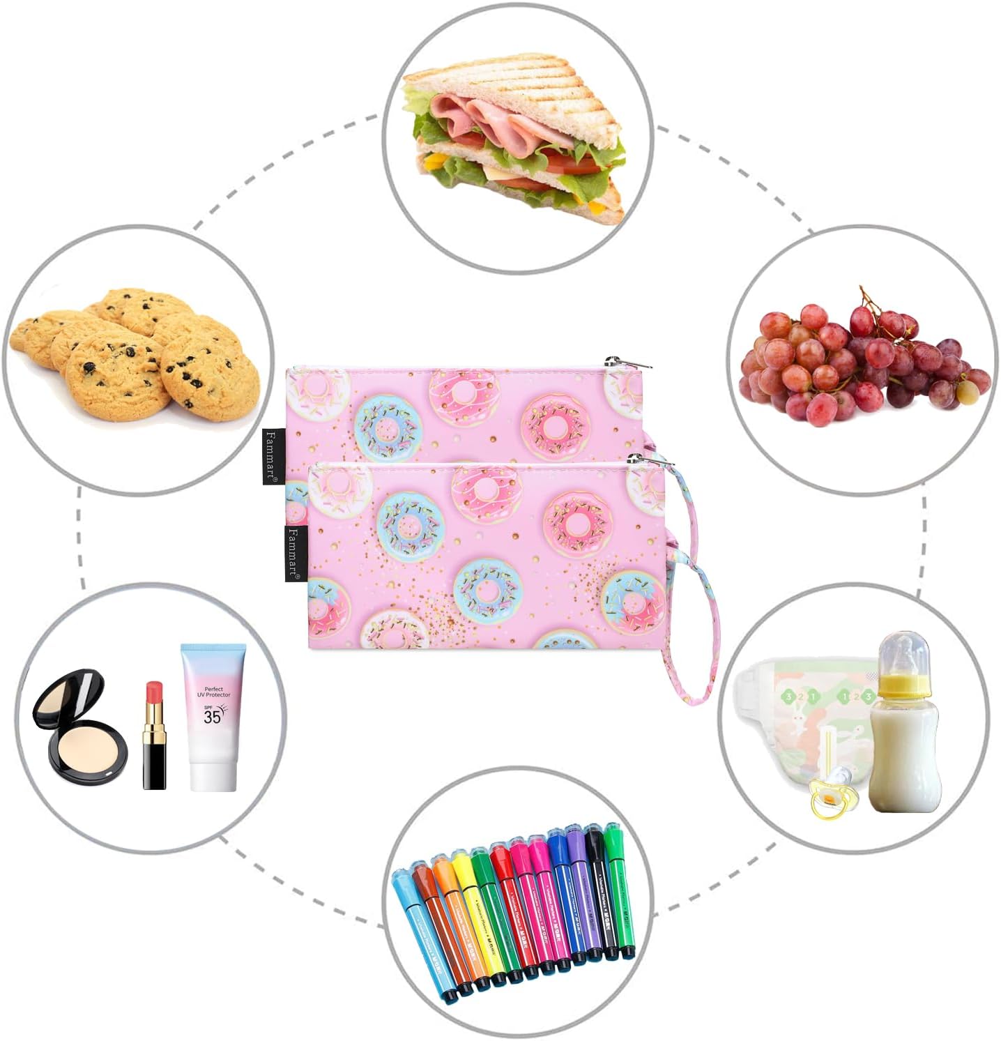 Reusable Sandwich Bag/Snack Bag for Kids & Adults, Dual Layer Lunch Bag with Handle, Washable, Food Safe, BPA Free (2-Pack, Colorful Donut)