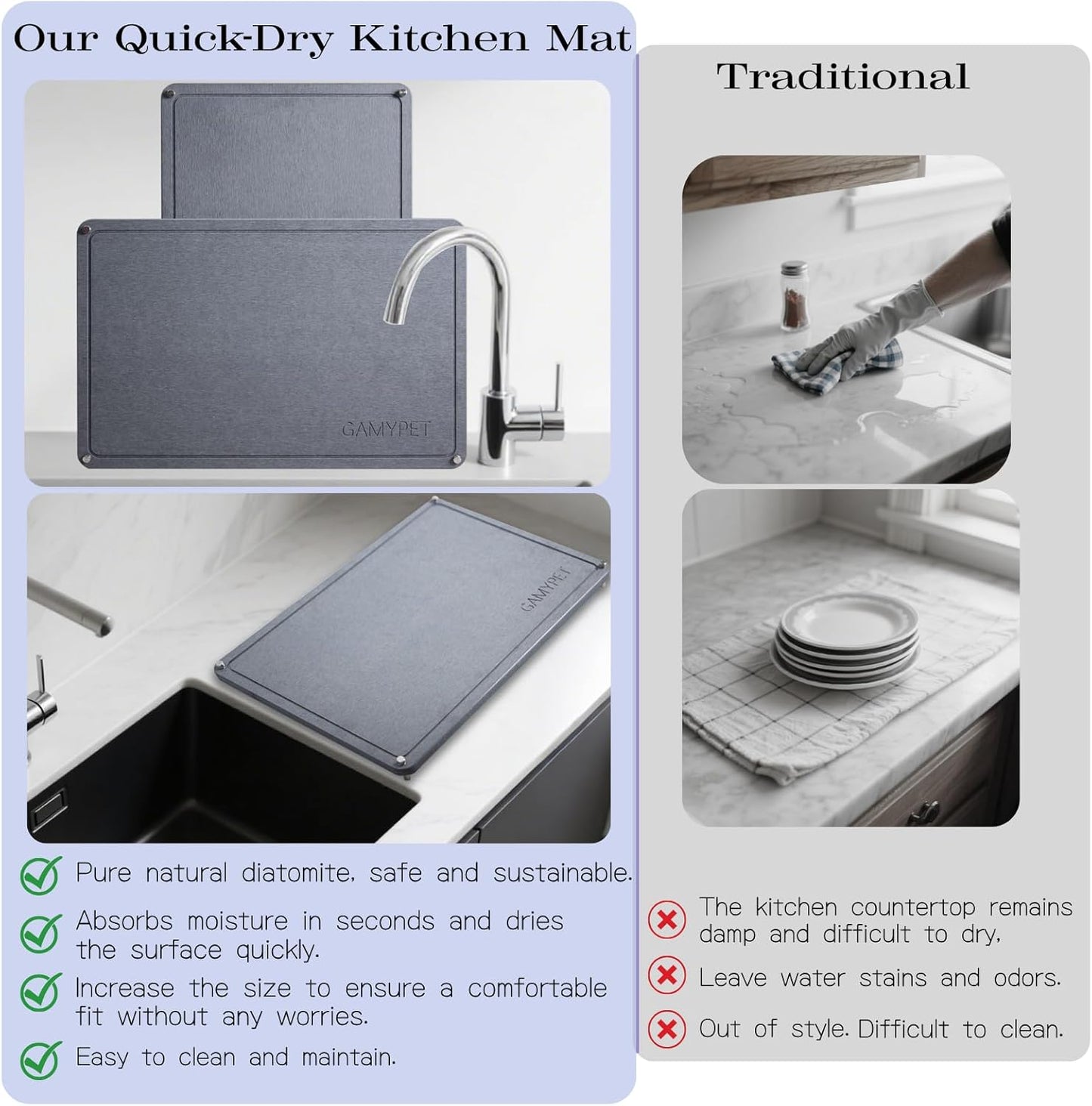 Stone Dish Drying Mat 24"×16" Large Diatomaceous Earth Dishes Quick Dry Pad for Kitchen Counter with Heighten Stainless Steel Feet, Fits Various Countertops & Drain Bowl Racks, Dark Gray