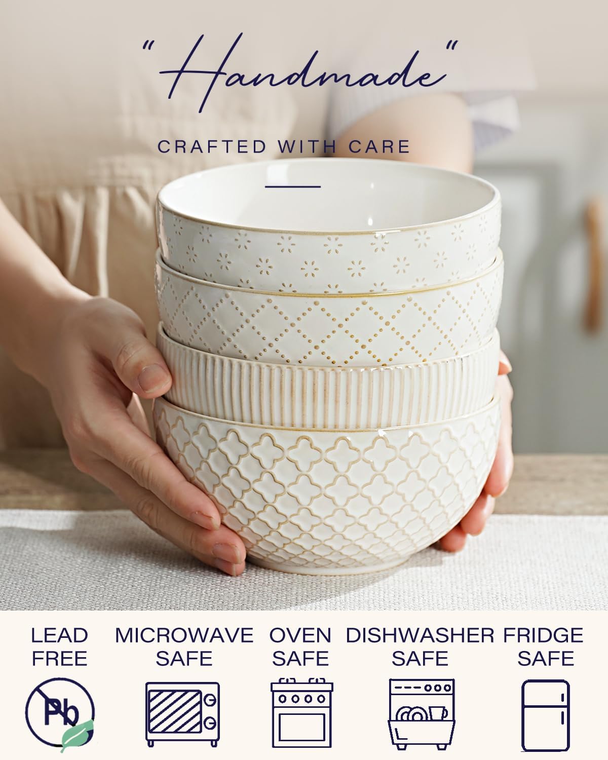 getstar Ceramic Soup Bowls, Cereal Bowl Set of 4 with Assorted Embossment (6.1 inch & 30 oz), Farmhouse Vintage Color Bowls for Kitchen