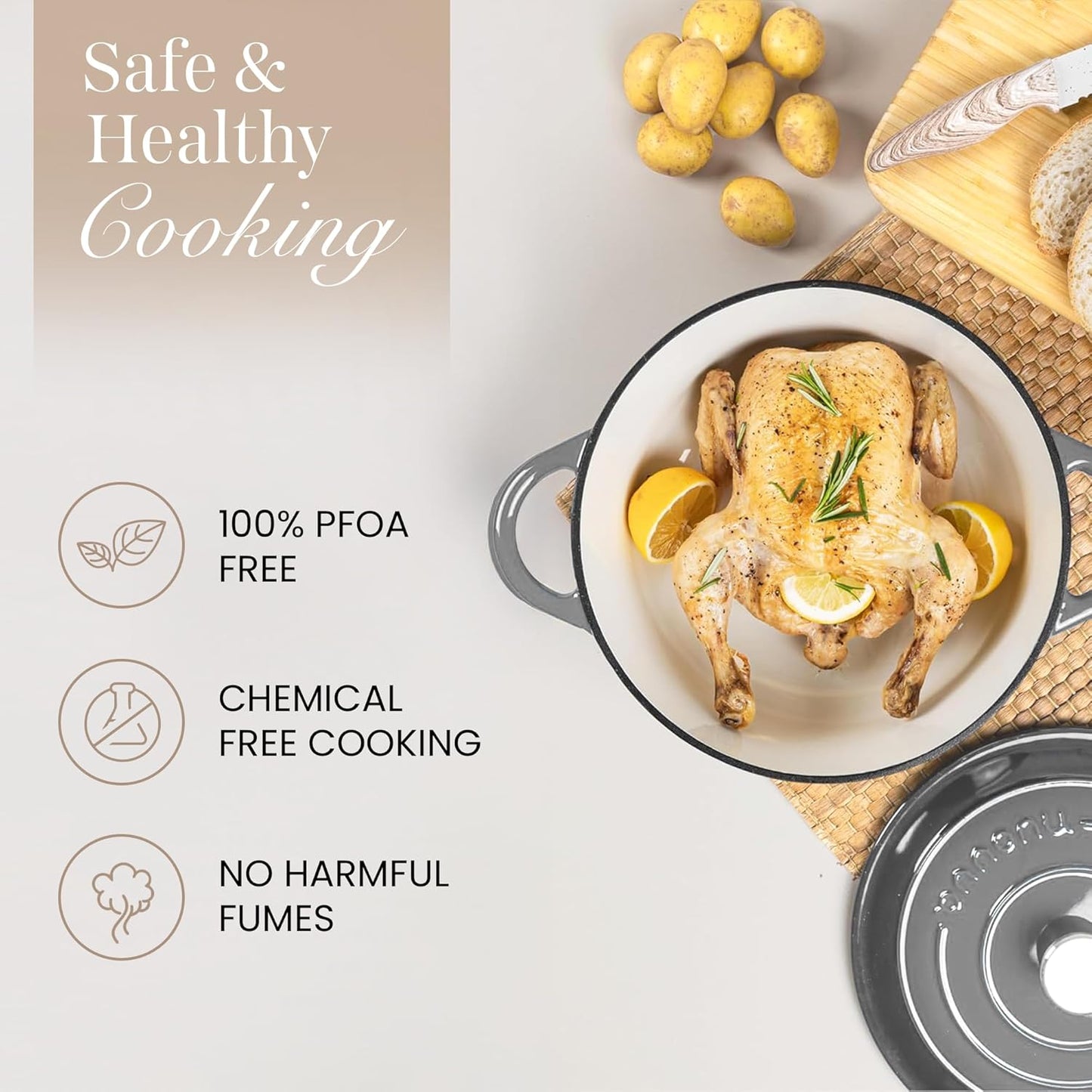 Nuovva Enamelled Cast Iron Dutch Oven Pot with Lid – 6.4 Quart Non Stick Casserole Pot – Heavy Duty & Oven Safe up to 500° F for Bread Baking, Braising, Stews, Roasting – 28cm Grey