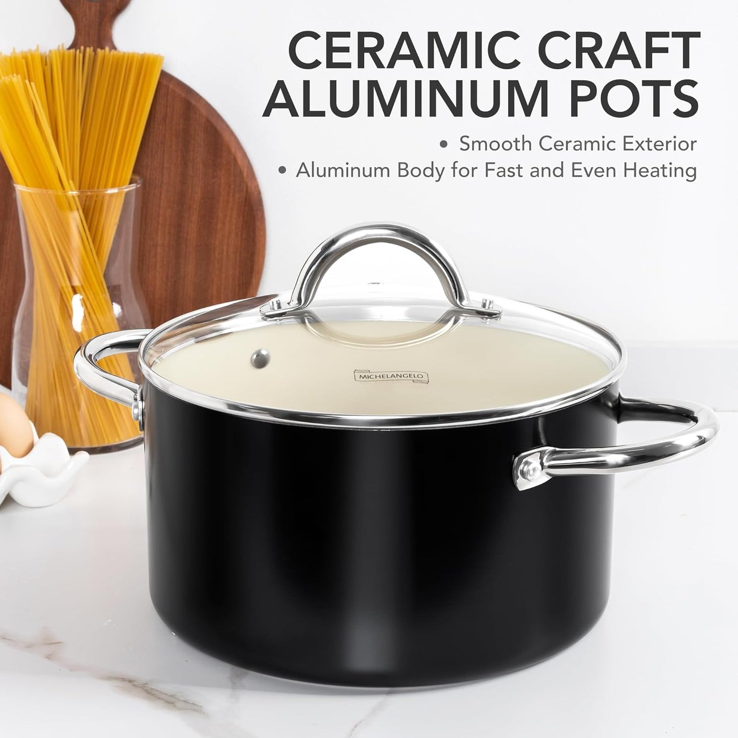 MICHELANGELO Stock Pot with Lid, 6 Quart Cooking Pot with Ceramic Coating, Nonstick Ceramic Soup Pot with Lid, Induction Compatible - 6QT Stockpot, Black